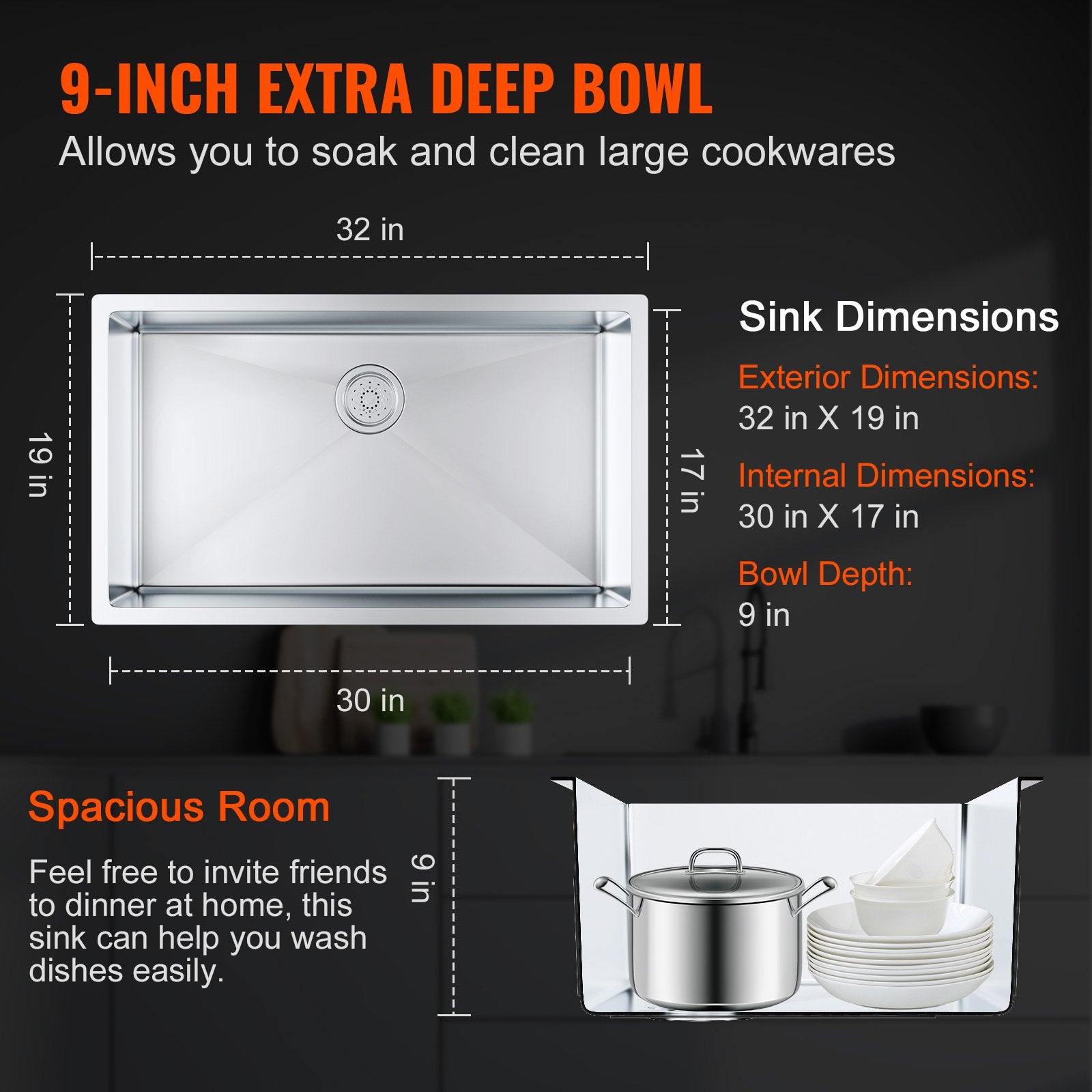 Kitchen & Bathroom DIY: VEVOR Kitchen Sink, 304 Stainless Steel Drop-In Sinks, Undermount Single Bowl Basin with Accessories(Pack of 3), Household Dishwasher Sinks for Workstation, RV, Prep Kitchen, and Bar Sink, 32 inch