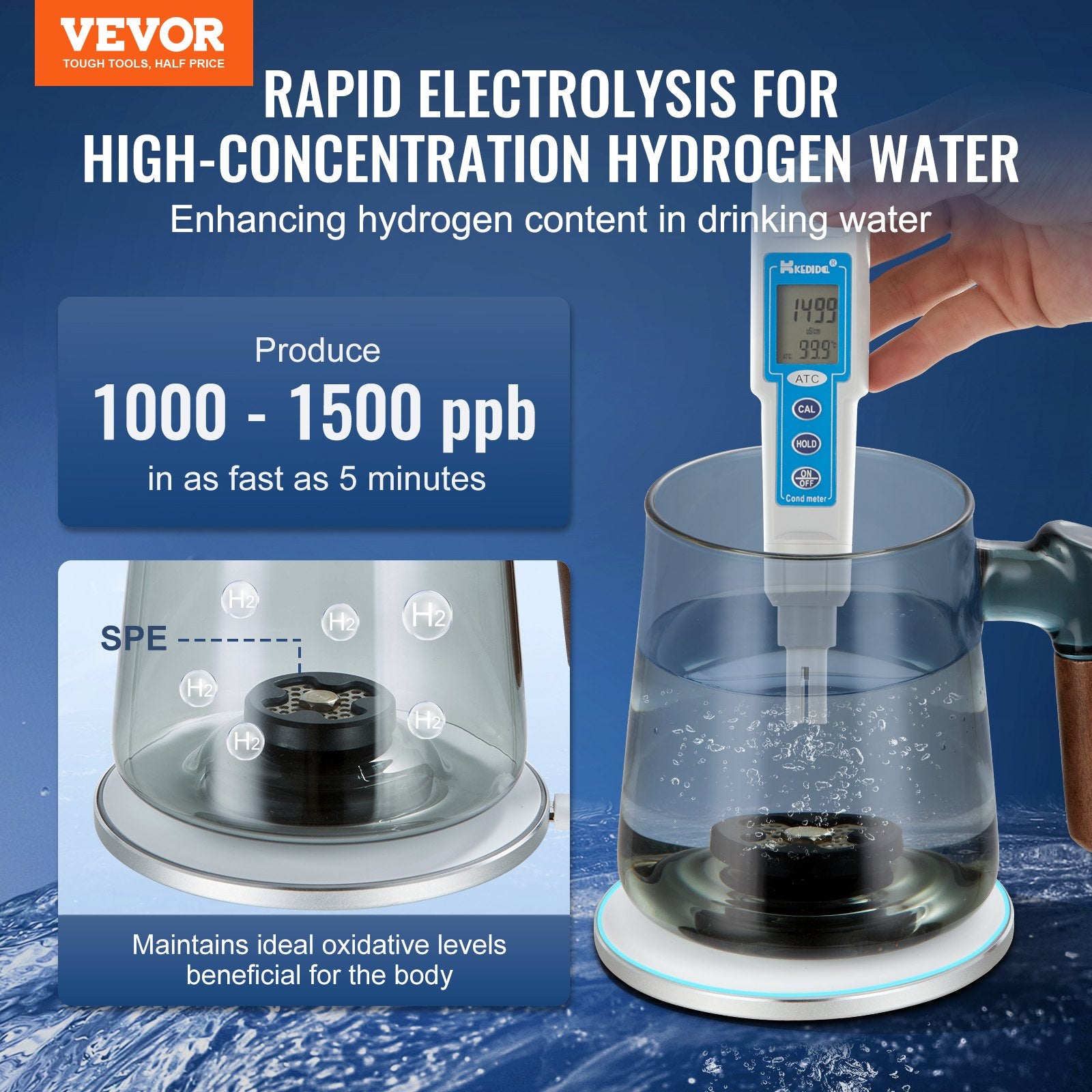 Gardening Tools: VEVOR Hydrogen Water Cup, 400 ml / 14.1 oz Hydrogen Generator, SPE Technology Portable Hydrogen Water Ionizer Machine with Wireless Charging Base, Hydrogen Rich Water Bottle Glass Health Cup