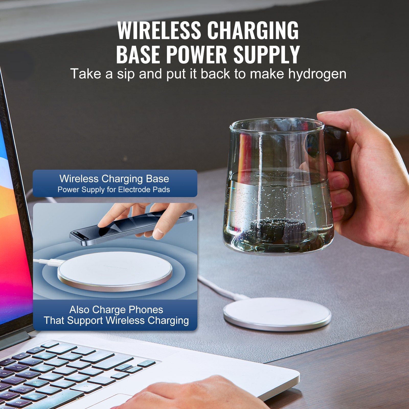 Gardening Tools: VEVOR Hydrogen Water Cup, 400 ml / 14.1 oz Hydrogen Generator, SPE Technology Portable Hydrogen Water Ionizer Machine with Wireless Charging Base, Hydrogen Rich Water Bottle Glass Health Cup