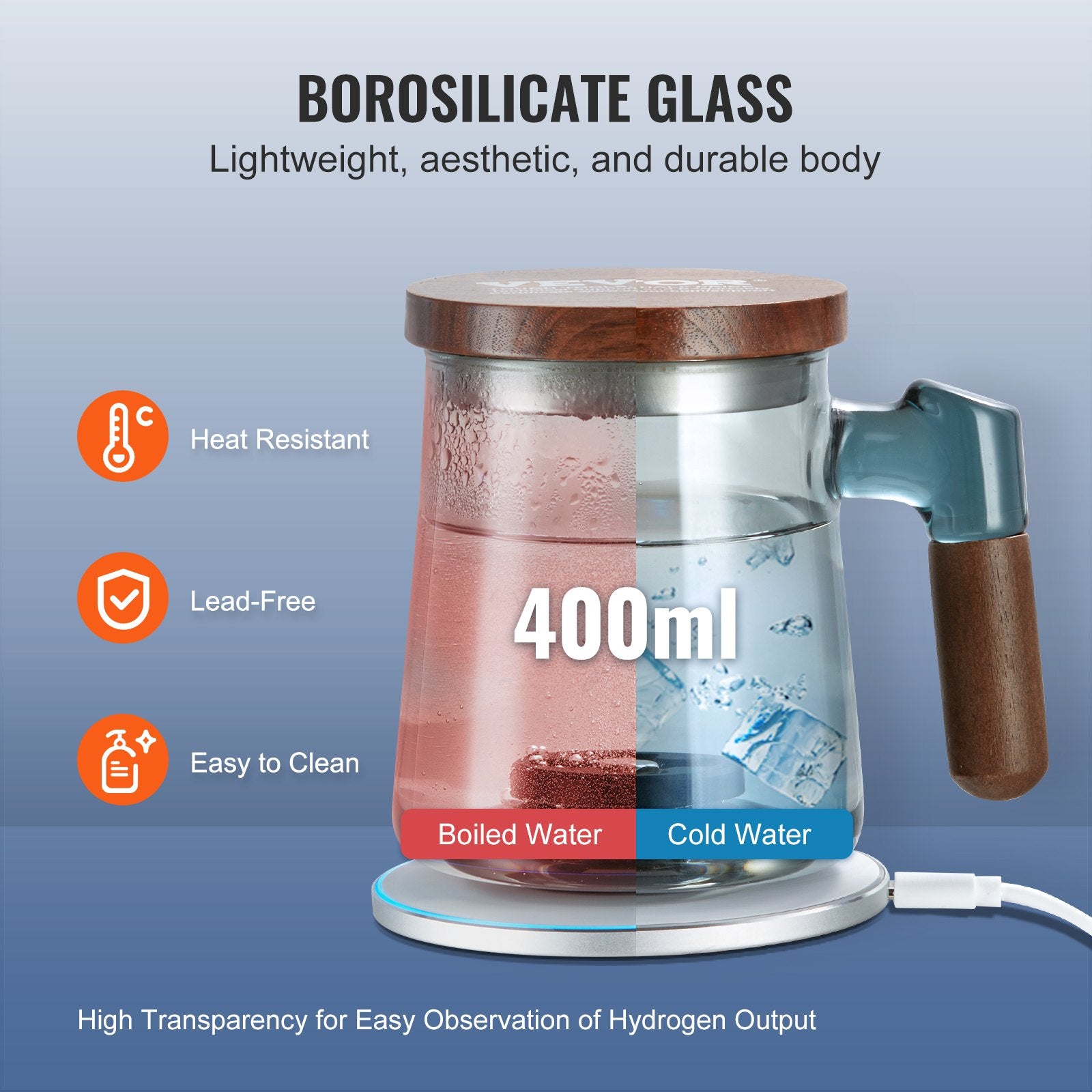 Gardening Tools: VEVOR Hydrogen Water Cup, 400 ml / 14.1 oz Hydrogen Generator, SPE Technology Portable Hydrogen Water Ionizer Machine with Wireless Charging Base, Hydrogen Rich Water Bottle Glass Health Cup