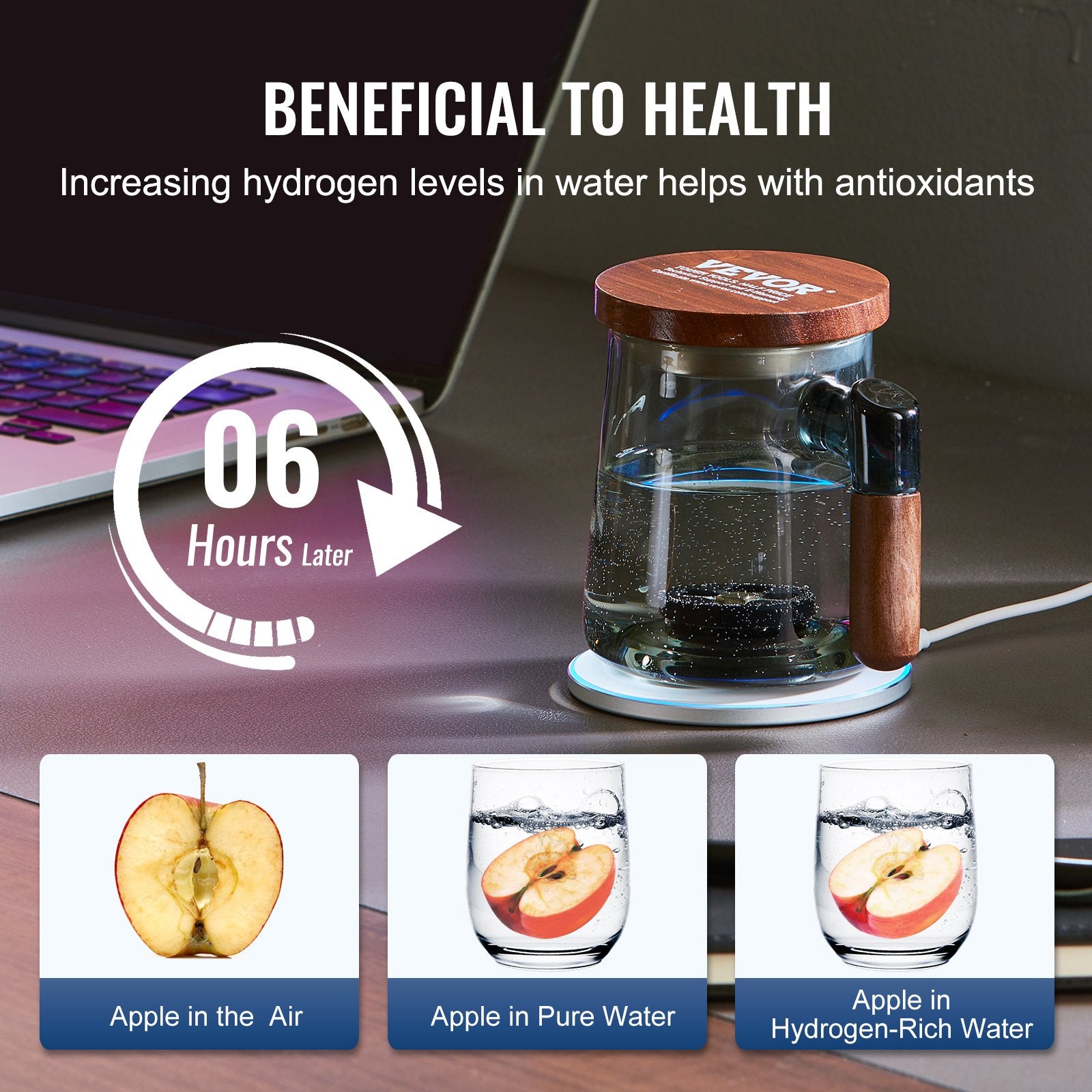 Gardening Tools: VEVOR Hydrogen Water Cup, 400 ml / 14.1 oz Hydrogen Generator, SPE Technology Portable Hydrogen Water Ionizer Machine with Wireless Charging Base, Hydrogen Rich Water Bottle Glass Health Cup