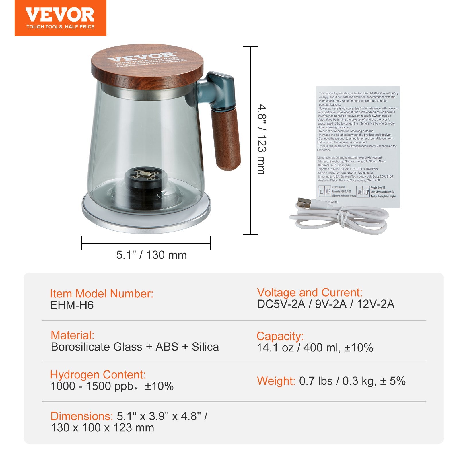 Gardening Tools: VEVOR Hydrogen Water Cup, 400 ml / 14.1 oz Hydrogen Generator, SPE Technology Portable Hydrogen Water Ionizer Machine with Wireless Charging Base, Hydrogen Rich Water Bottle Glass Health Cup