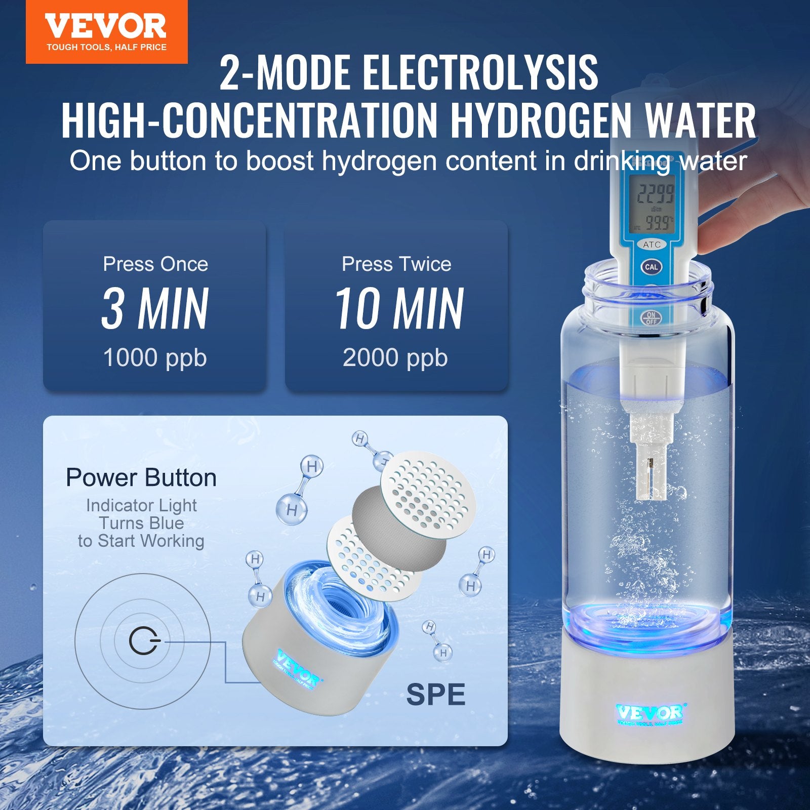 Gardening Tools: VEVOR Hydrogen Water Bottle Generator, 380 ml / 13.4 oz Capacity Portable Hydrogen Water Maker, SPE Technology Hydrogen Rich Water Ionizer Machine with Nasal Inhalation Tube and Self-Cleaning