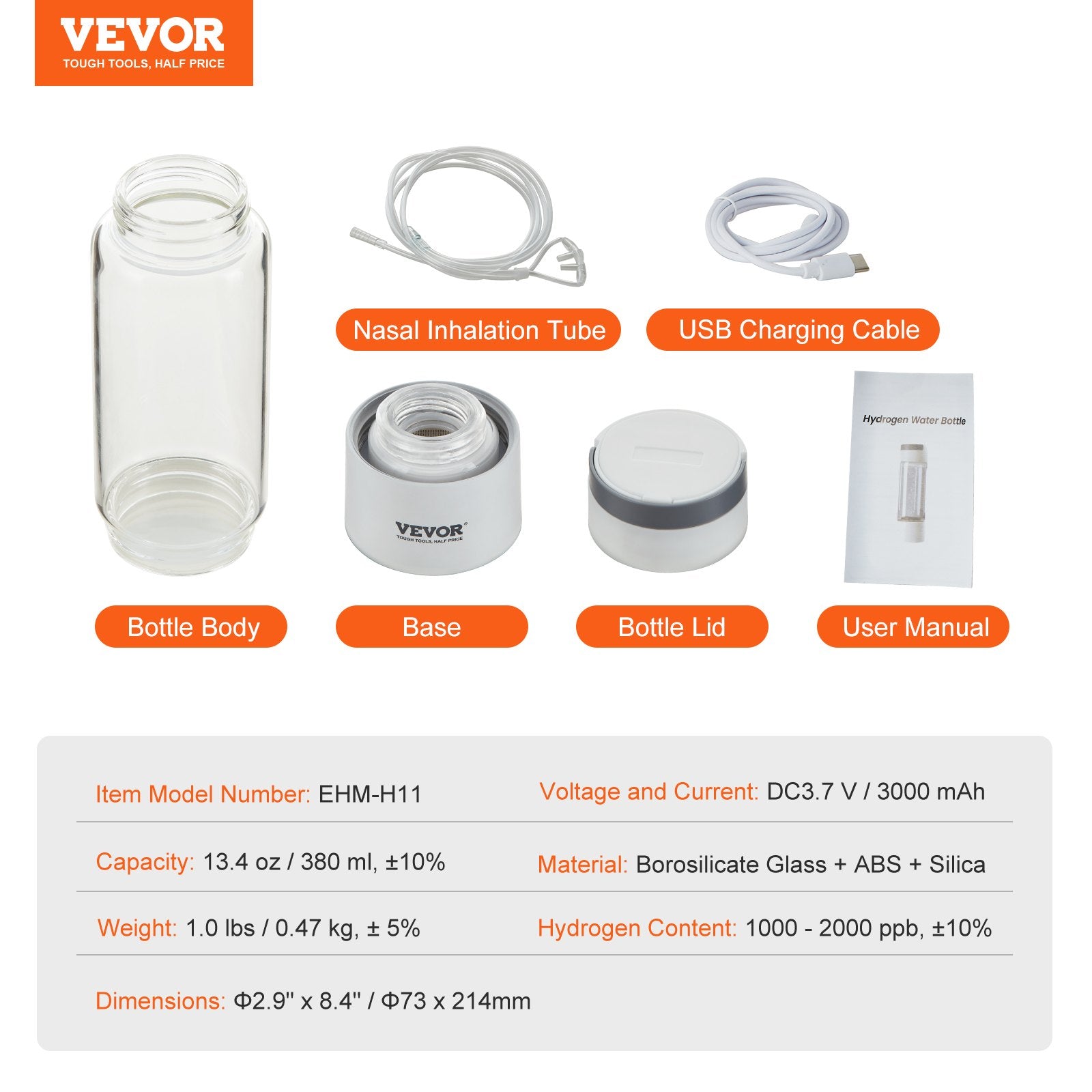 Gardening Tools: VEVOR Hydrogen Water Bottle Generator, 380 ml / 13.4 oz Capacity Portable Hydrogen Water Maker, SPE Technology Hydrogen Rich Water Ionizer Machine with Nasal Inhalation Tube and Self-Cleaning