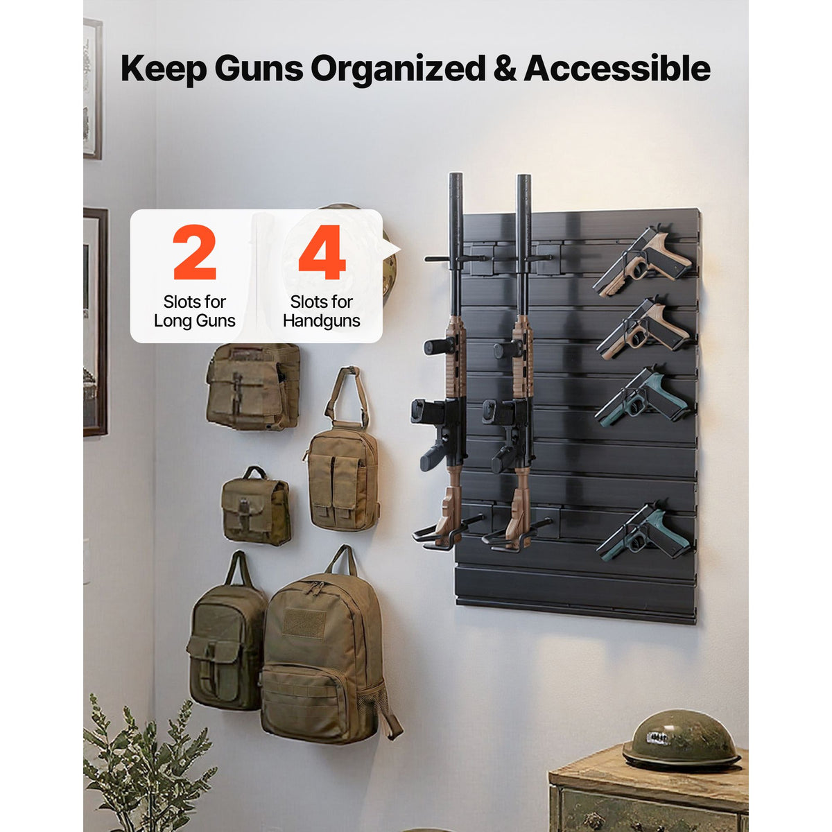 Gun Rack, Wall Mount, Tactical Rifle Shotgun Handgun Storage, Heavy-Duty PVC Panels & Steel Wall Racks, Securely Holds up to 2 Rifles & 4 Pistols, Modular Firearms Gun Gear Accessories Organizer