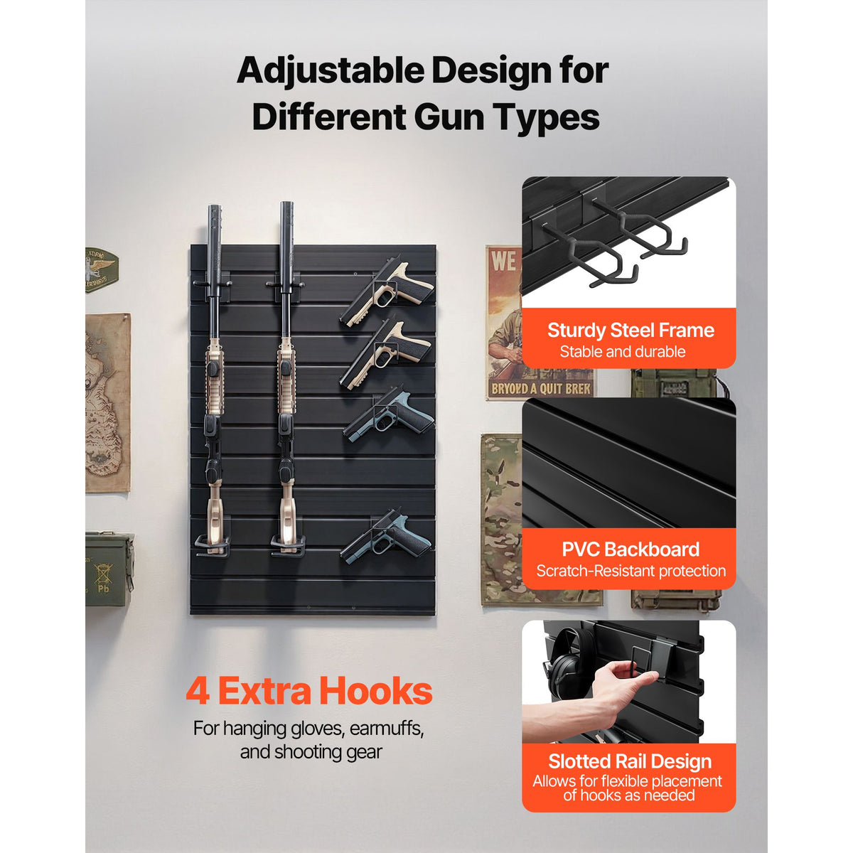 Gun Rack, Wall Mount, Tactical Rifle Shotgun Handgun Storage, Heavy-Duty PVC Panels & Steel Wall Racks, Securely Holds up to 2 Rifles & 4 Pistols, Modular Firearms Gun Gear Accessories Organizer