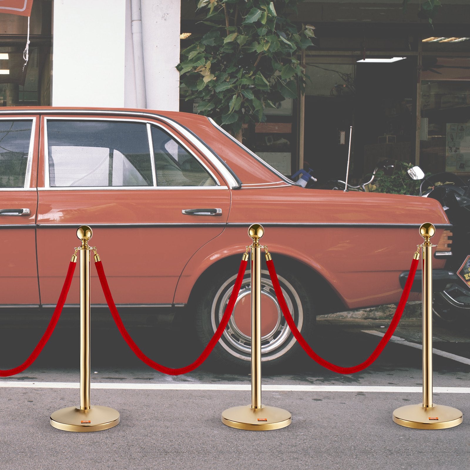 Stanchion Post with Velvet Rope, 4-Pack Crowd Control Stanchion with 3PCS 5FT Red Velvet Ropes, Stainless Steel Queue Barrier Line Divider with Fillable Base & Ball Top for Wedding Museum Party