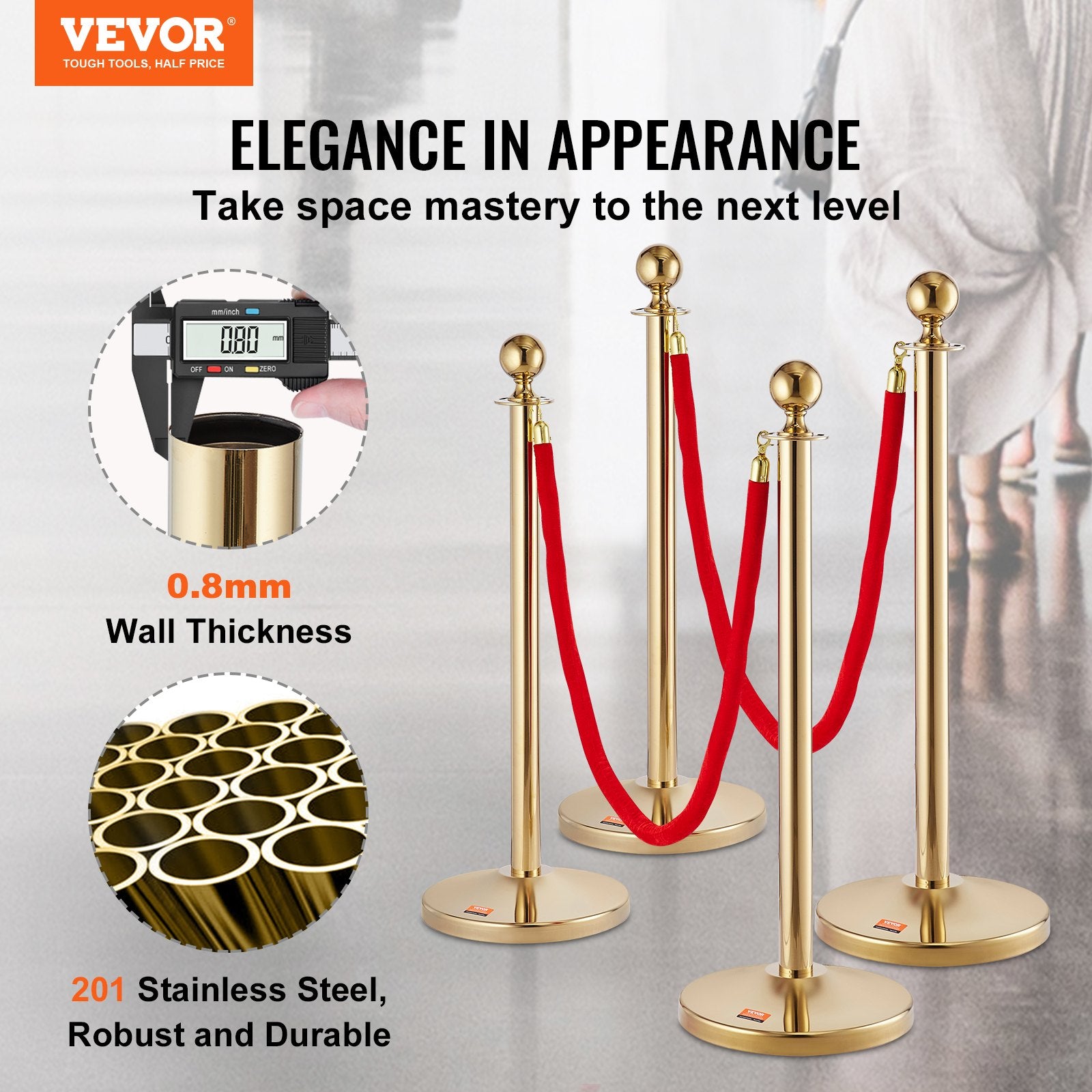 Stanchion Post with Velvet Rope, 6-Pack Crowd Control Stanchion with 4PCS 5FT Red Velvet Ropes, Stainless Steel Queue Barrier Line Divider with Fillable Base & Ball Top for Wedding Museum Party
