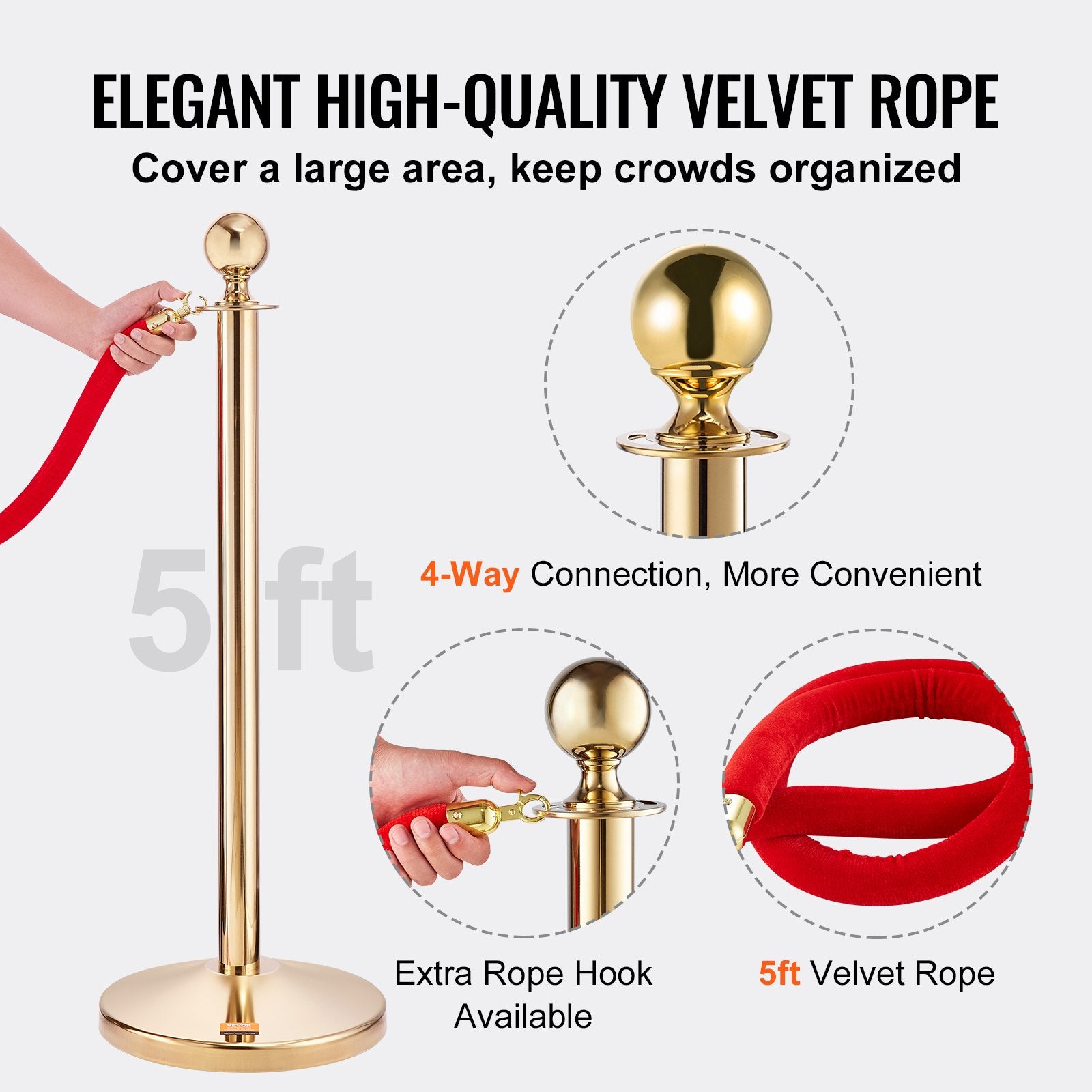 Stanchion Post with Velvet Rope, 6-Pack Crowd Control Stanchion with 4PCS 5FT Red Velvet Ropes, Stainless Steel Queue Barrier Line Divider with Fillable Base & Ball Top for Wedding Museum Party