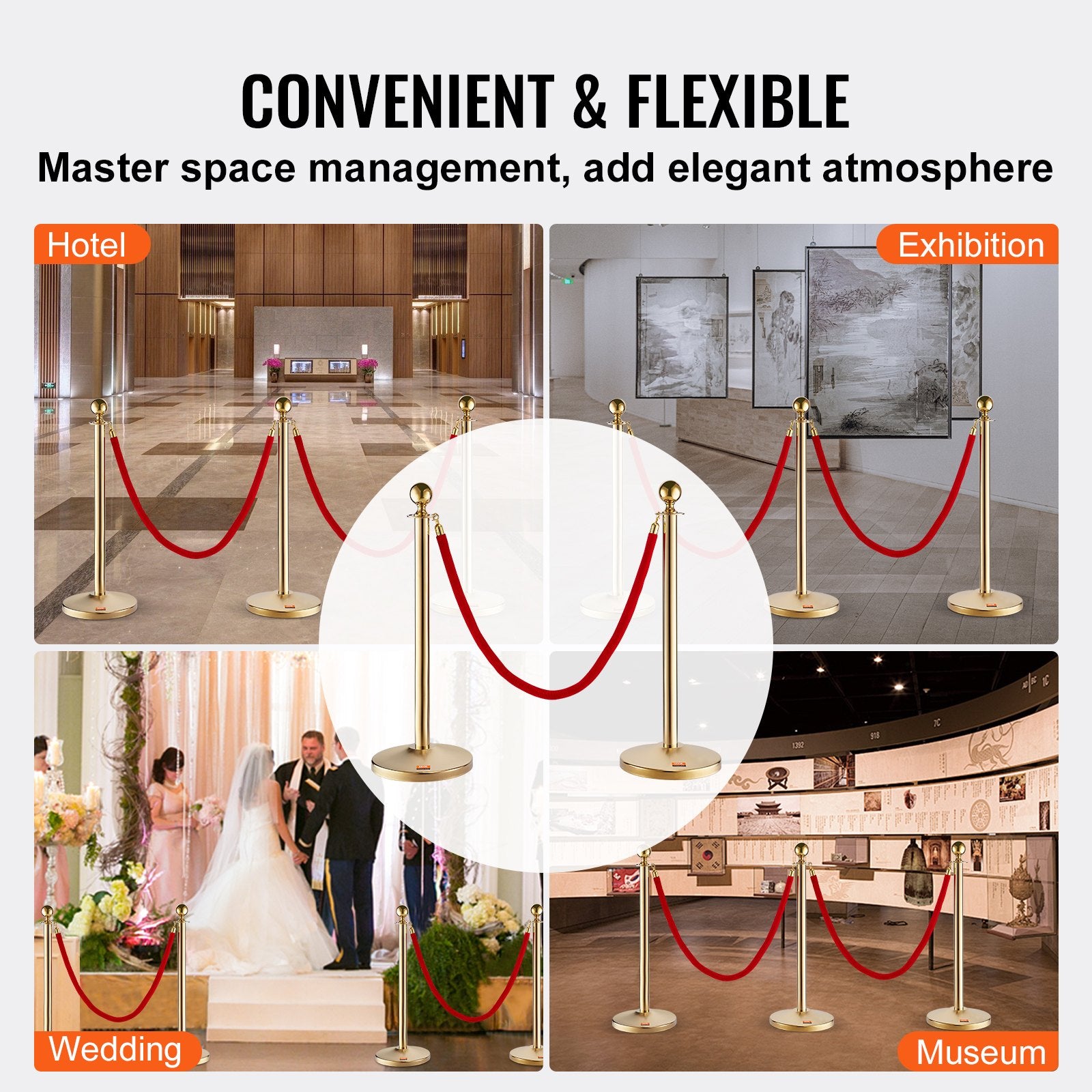 Stanchion Post with Velvet Rope, 6-Pack Crowd Control Stanchion with 4PCS 5FT Red Velvet Ropes, Stainless Steel Queue Barrier Line Divider with Fillable Base & Ball Top for Wedding Museum Party