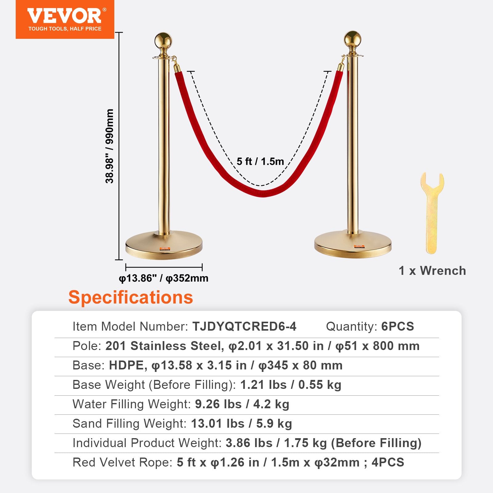 Stanchion Post with Velvet Rope, 6-Pack Crowd Control Stanchion with 4PCS 5FT Red Velvet Ropes, Stainless Steel Queue Barrier Line Divider with Fillable Base & Ball Top for Wedding Museum Party