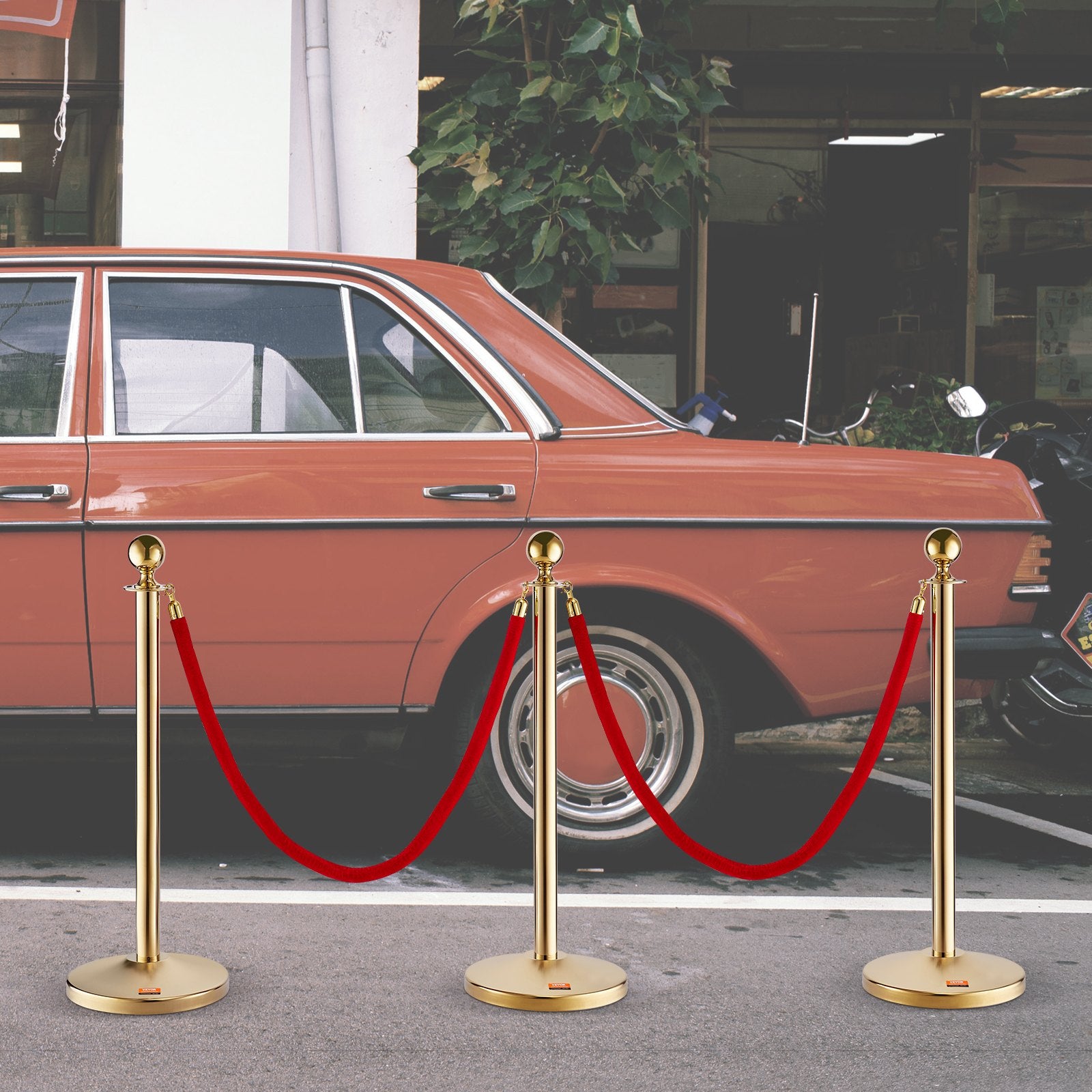 Stanchion Post with Velvet Rope, 6-Pack Crowd Control Stanchion with 4PCS 5FT Red Velvet Ropes, Stainless Steel Queue Barrier Line Divider with Fillable Base & Ball Top for Wedding Museum Party