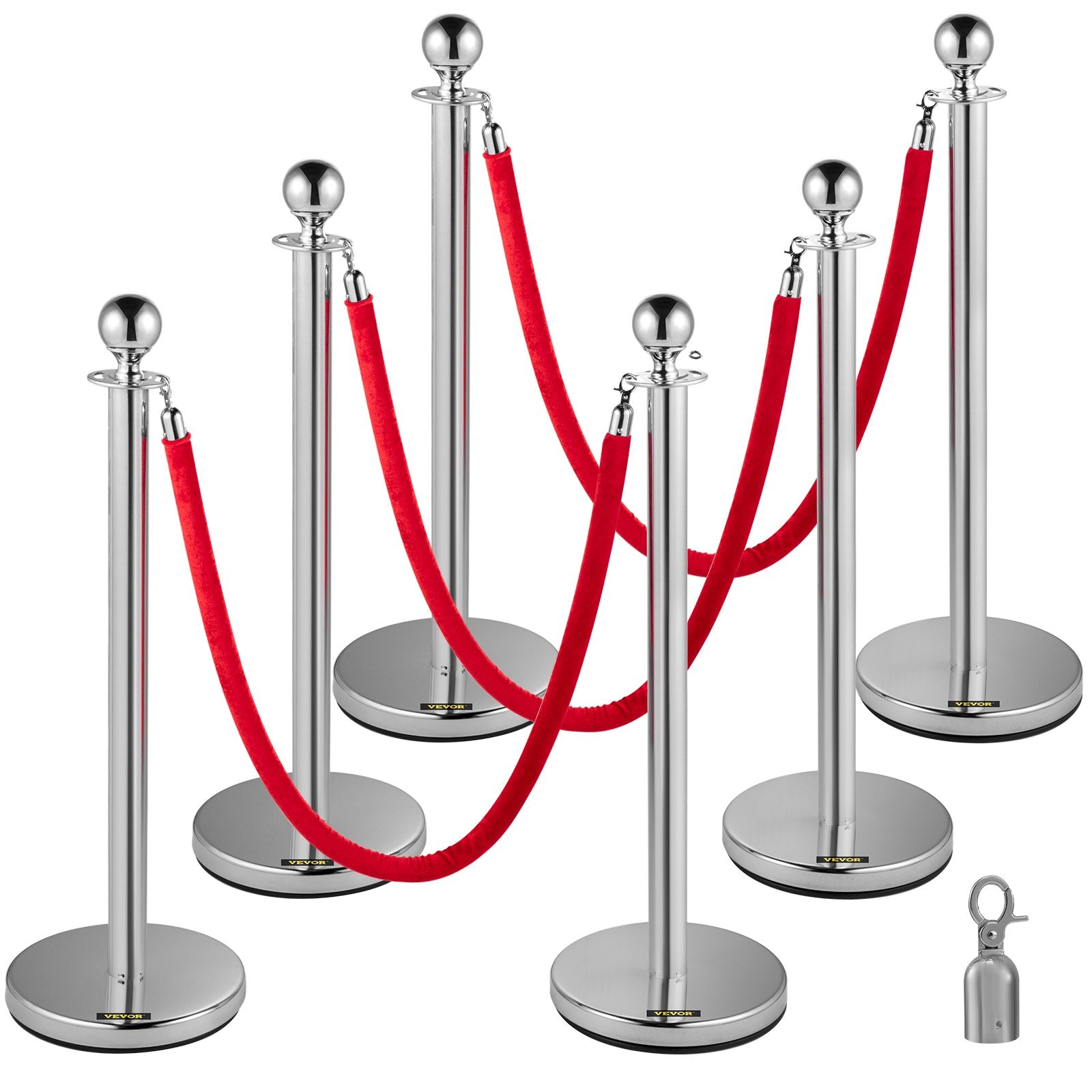 Fencing & Barriers: VEVOR 6PCS Red Rope Stanchion Silver Post Crowd Control Queue Line Barrier