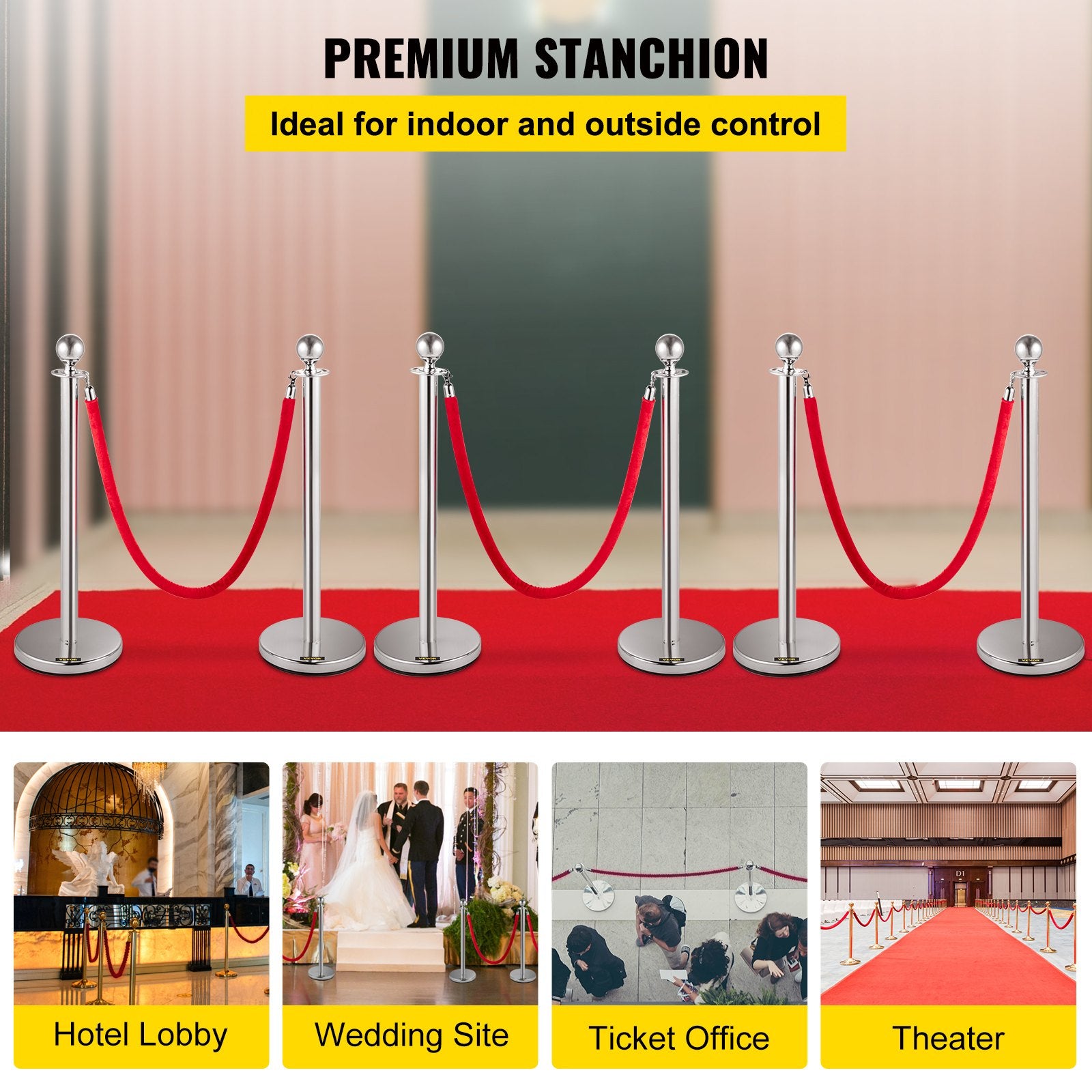 Fencing & Barriers: VEVOR 6PCS Red Rope Stanchion Silver Post Crowd Control Queue Line Barrier
