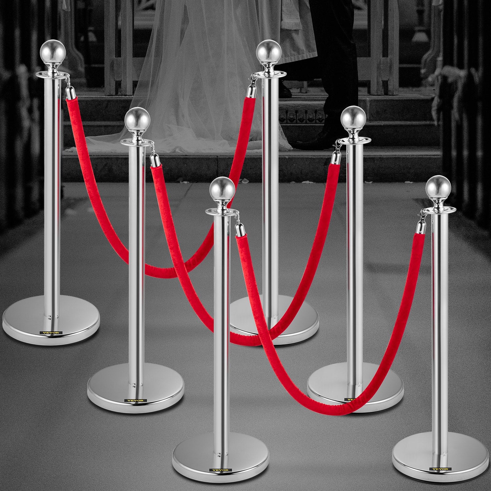 Fencing & Barriers: VEVOR 6PCS Red Rope Stanchion Silver Post Crowd Control Queue Line Barrier