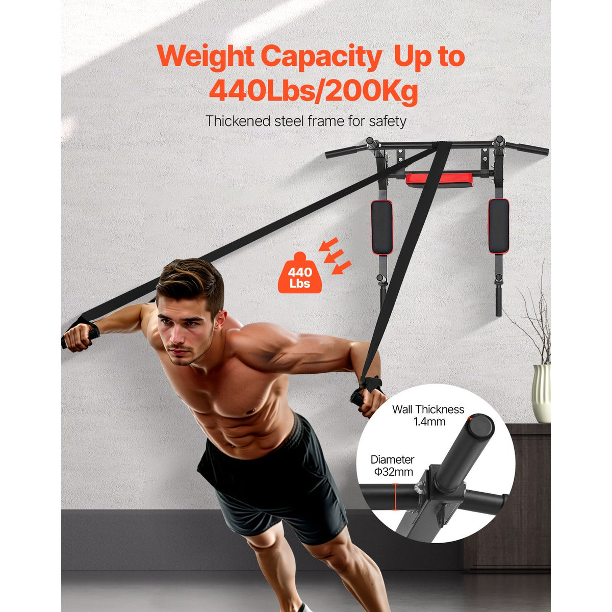 Multifunctional Pull Up Bar, Wall Mounted Chin Up Bar Dip Station for Home Gym, Heavy Duty Steel Upper Body Workout Pull Ups, Power Tower Set Training Equipment Fitness, 440 lbs Weight Capacity