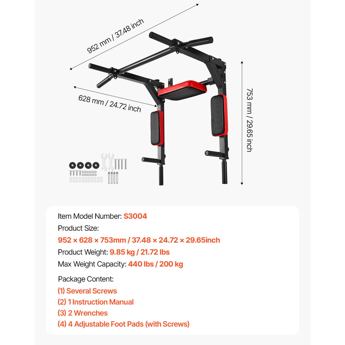 Multifunctional Pull Up Bar, Wall Mounted Chin Up Bar Dip Station for Home Gym, Heavy Duty Steel Upper Body Workout Pull Ups, Power Tower Set Training Equipment Fitness, 440 lbs Weight Capacity
