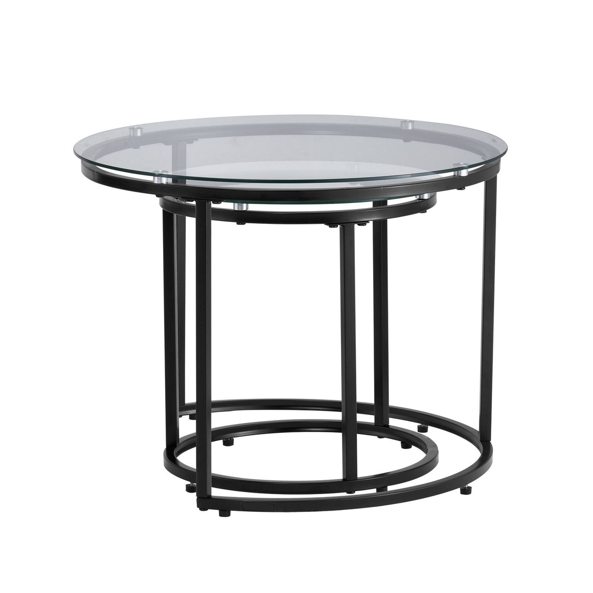 Nesting Coffee Table Set of 2, 600 mm Round Coffee Table, Glass Nesting Tables for Small Place, Modern End Side Tables Night Stand with Metal Frame, for Living Room, Bedroom, Balcony, Office