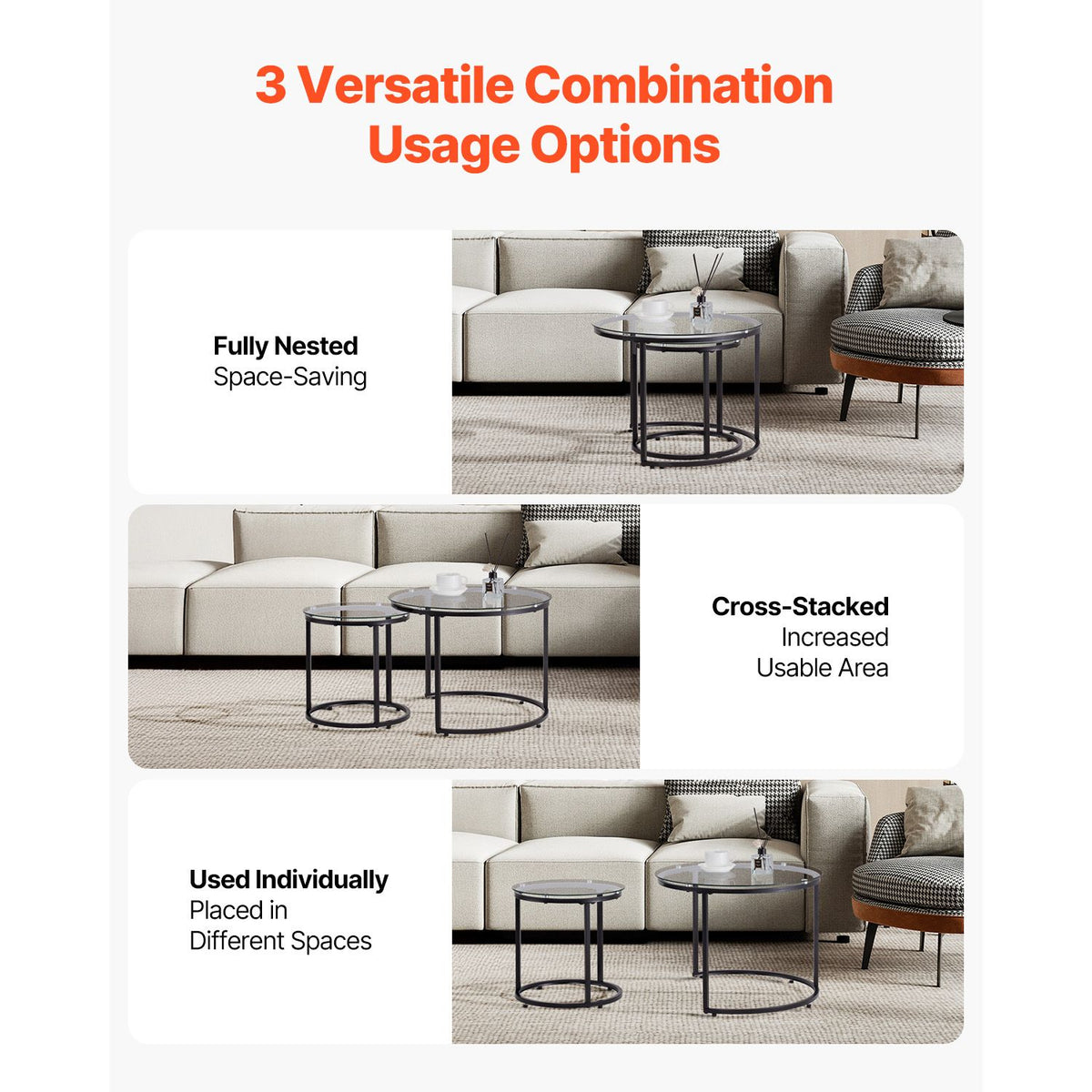 Nesting Coffee Table Set of 2, 600 mm Round Coffee Table, Glass Nesting Tables for Small Place, Modern End Side Tables Night Stand with Metal Frame, for Living Room, Bedroom, Balcony, Office
