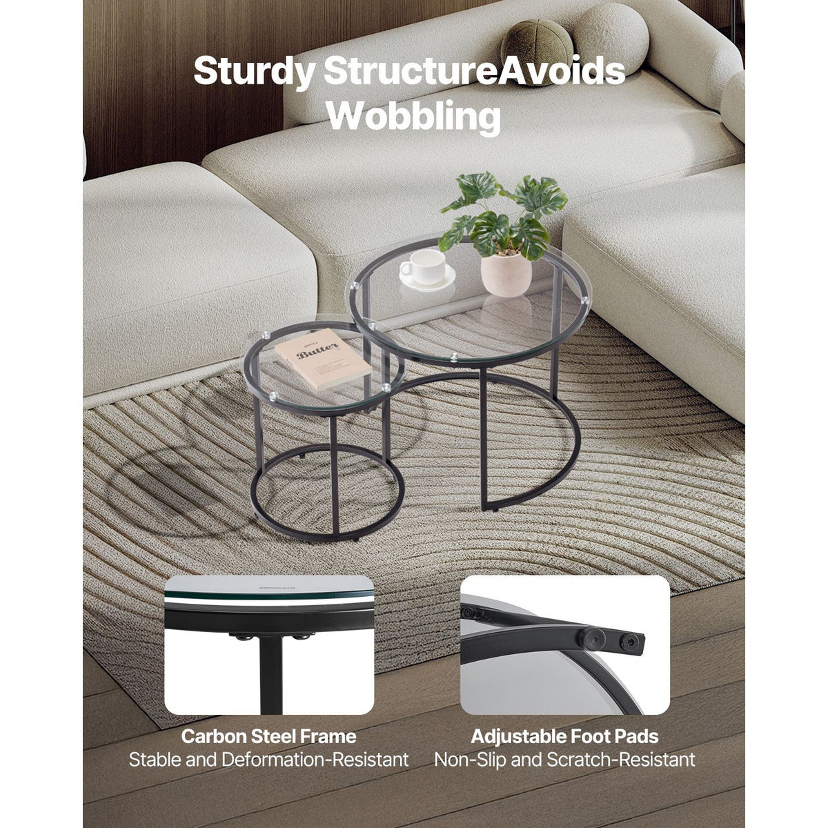 Nesting Coffee Table Set of 2, 600 mm Round Coffee Table, Glass Nesting Tables for Small Place, Modern End Side Tables Night Stand with Metal Frame, for Living Room, Bedroom, Balcony, Office