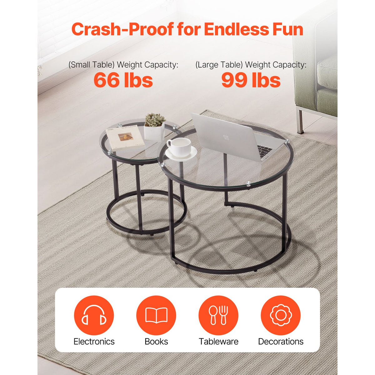 Nesting Coffee Table Set of 2, 600 mm Round Coffee Table, Glass Nesting Tables for Small Place, Modern End Side Tables Night Stand with Metal Frame, for Living Room, Bedroom, Balcony, Office