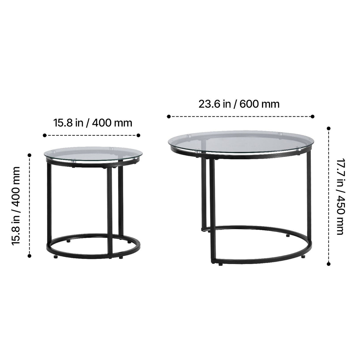 Nesting Coffee Table Set of 2, 600 mm Round Coffee Table, Glass Nesting Tables for Small Place, Modern End Side Tables Night Stand with Metal Frame, for Living Room, Bedroom, Balcony, Office