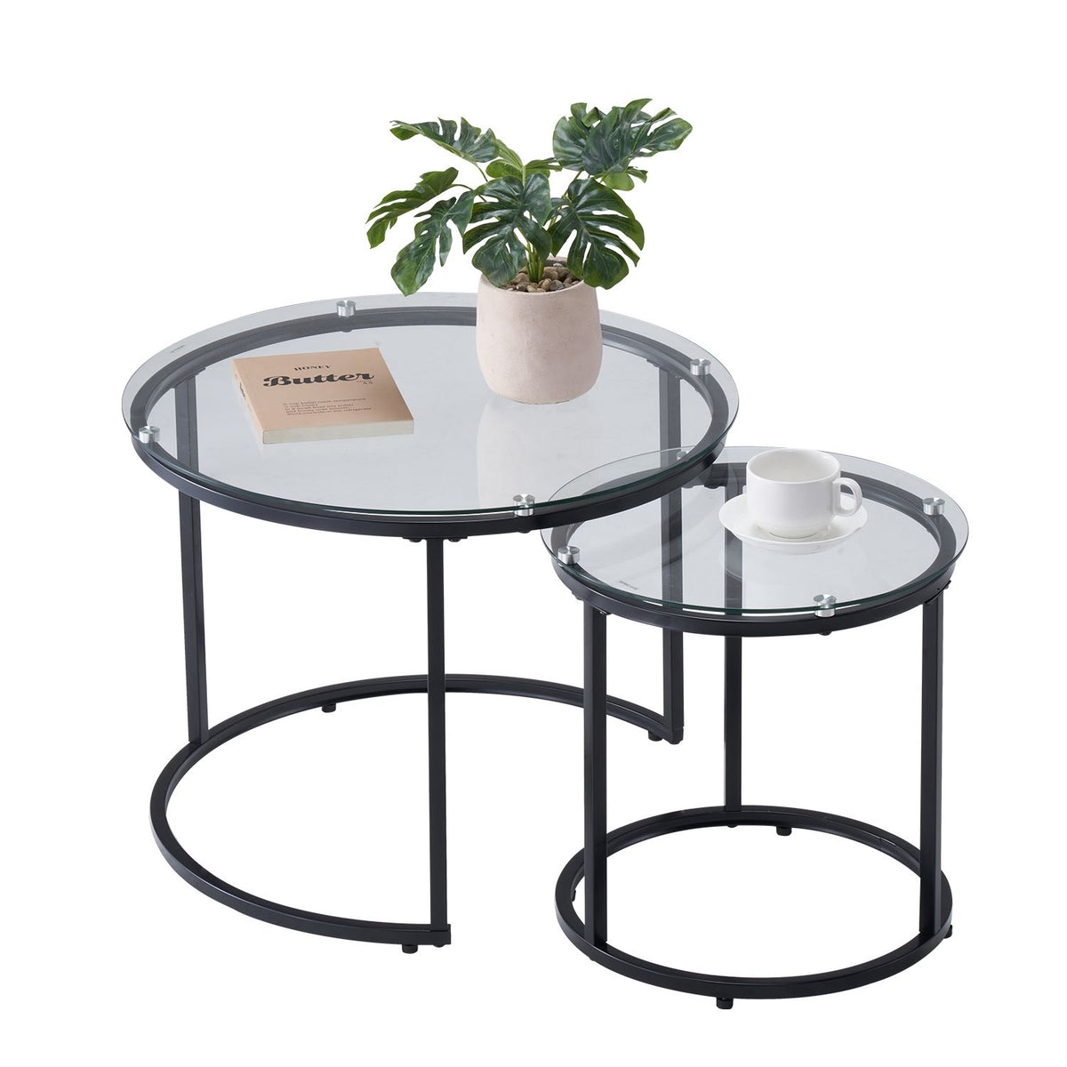 Nesting Coffee Table Set of 2, 600 mm Round Coffee Table, Glass Nesting Tables for Small Place, Modern End Side Tables Night Stand with Metal Frame, for Living Room, Bedroom, Balcony, Office