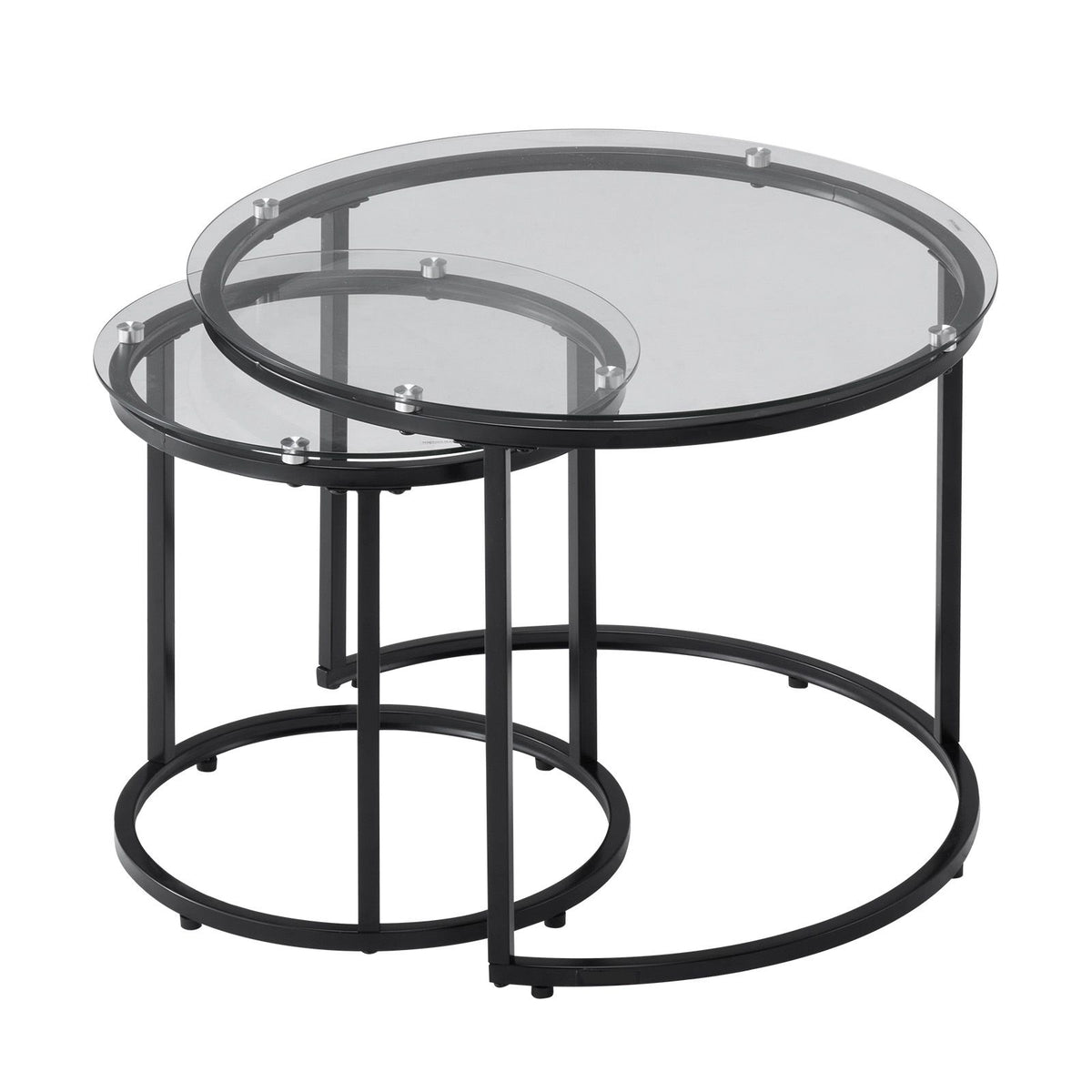 Nesting Coffee Table Set of 2, 600 mm Round Coffee Table, Glass Nesting Tables for Small Place, Modern End Side Tables Night Stand with Metal Frame, for Living Room, Bedroom, Balcony, Office