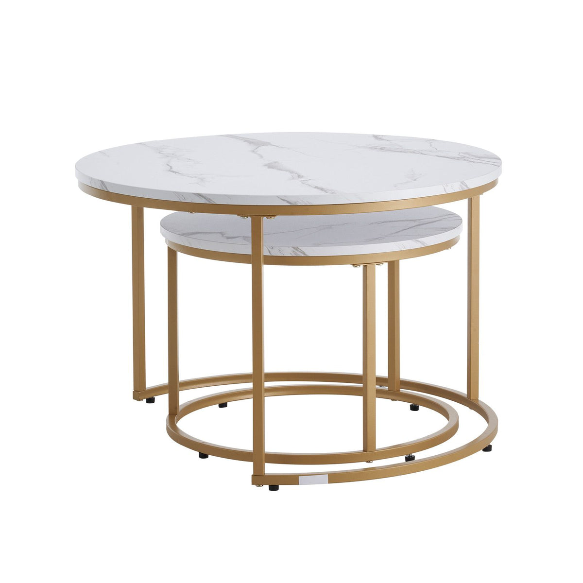 Nesting Coffee Table Set of 2, 700 mm Round Coffee Table, Nesting Tables for Small Place, Vintage End Side Tables Night Stand with Metal Frame, for Living Room, Bedroom, Office (White & Gold)