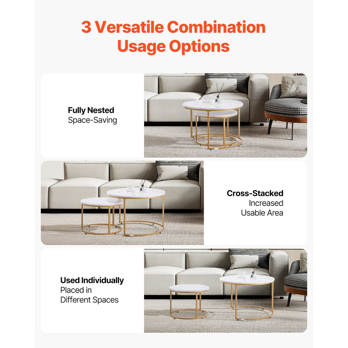 Nesting Coffee Table Set of 2, 700 mm Round Coffee Table, Nesting Tables for Small Place, Vintage End Side Tables Night Stand with Metal Frame, for Living Room, Bedroom, Office (White & Gold)