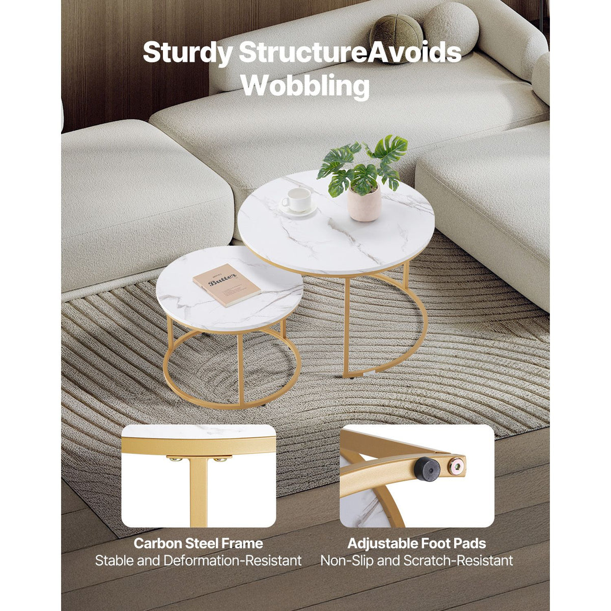 Nesting Coffee Table Set of 2, 700 mm Round Coffee Table, Nesting Tables for Small Place, Vintage End Side Tables Night Stand with Metal Frame, for Living Room, Bedroom, Office (White & Gold)