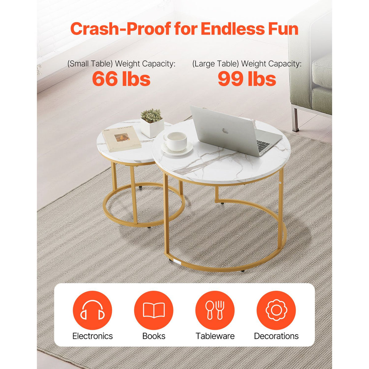 Nesting Coffee Table Set of 2, 700 mm Round Coffee Table, Nesting Tables for Small Place, Vintage End Side Tables Night Stand with Metal Frame, for Living Room, Bedroom, Office (White & Gold)