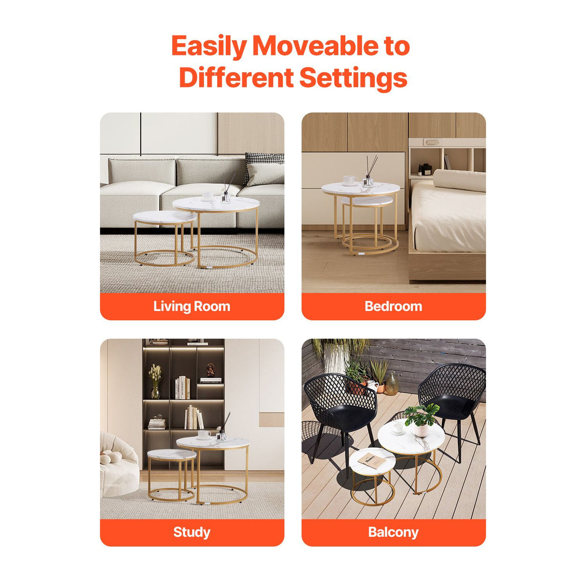 Nesting Coffee Table Set of 2, 700 mm Round Coffee Table, Nesting Tables for Small Place, Vintage End Side Tables Night Stand with Metal Frame, for Living Room, Bedroom, Office (White & Gold)