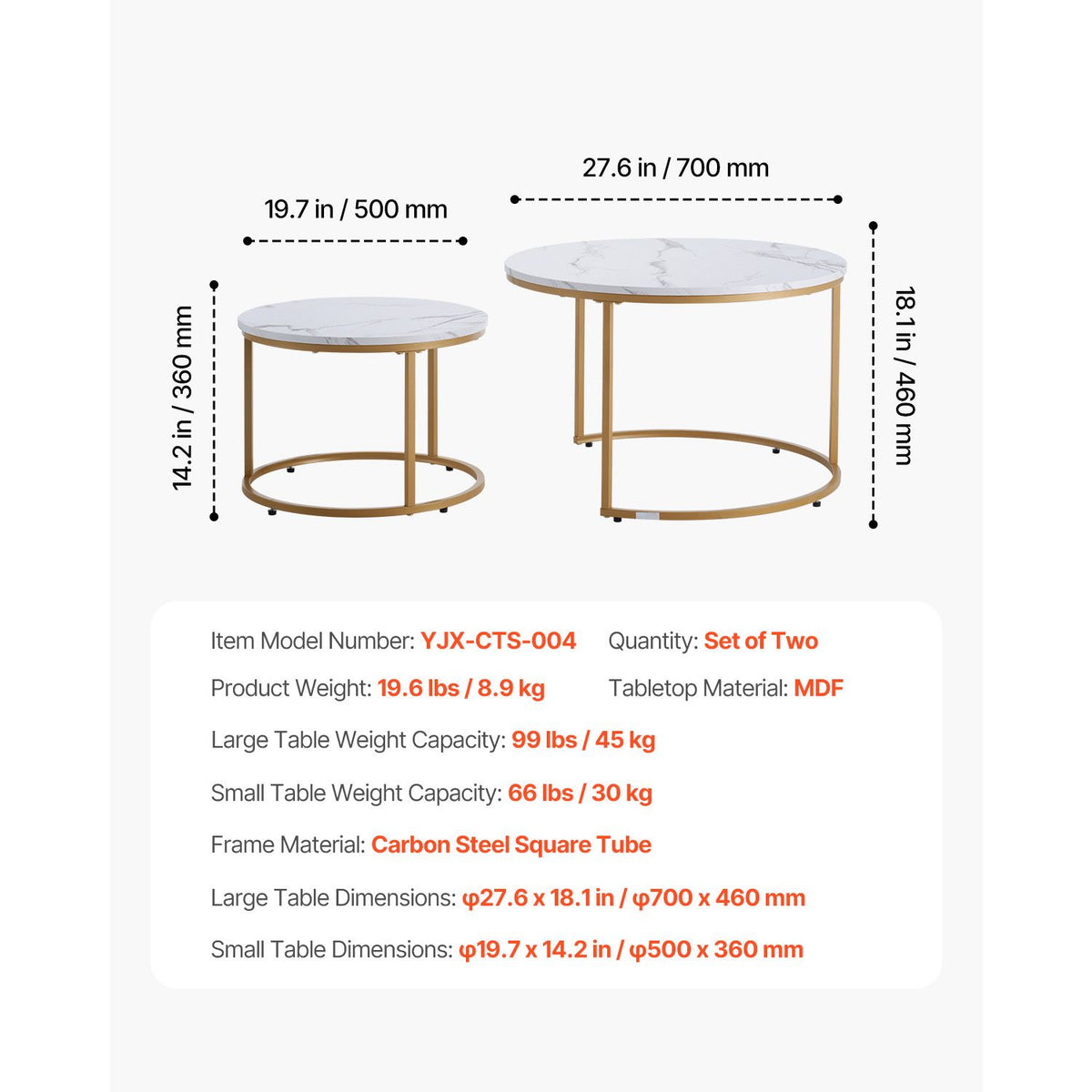 Nesting Coffee Table Set of 2, 700 mm Round Coffee Table, Nesting Tables for Small Place, Vintage End Side Tables Night Stand with Metal Frame, for Living Room, Bedroom, Office (White & Gold)