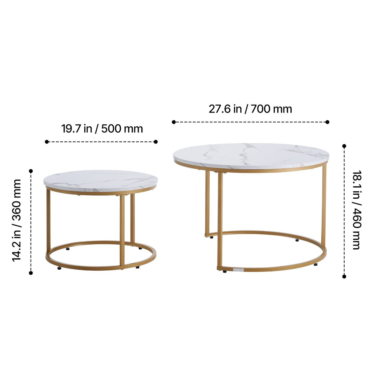 Nesting Coffee Table Set of 2, 700 mm Round Coffee Table, Nesting Tables for Small Place, Vintage End Side Tables Night Stand with Metal Frame, for Living Room, Bedroom, Office (White & Gold)