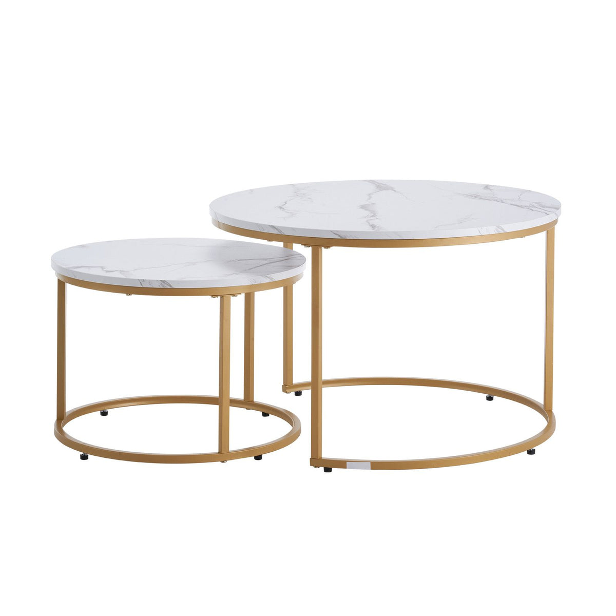 Nesting Coffee Table Set of 2, 700 mm Round Coffee Table, Nesting Tables for Small Place, Vintage End Side Tables Night Stand with Metal Frame, for Living Room, Bedroom, Office (White & Gold)