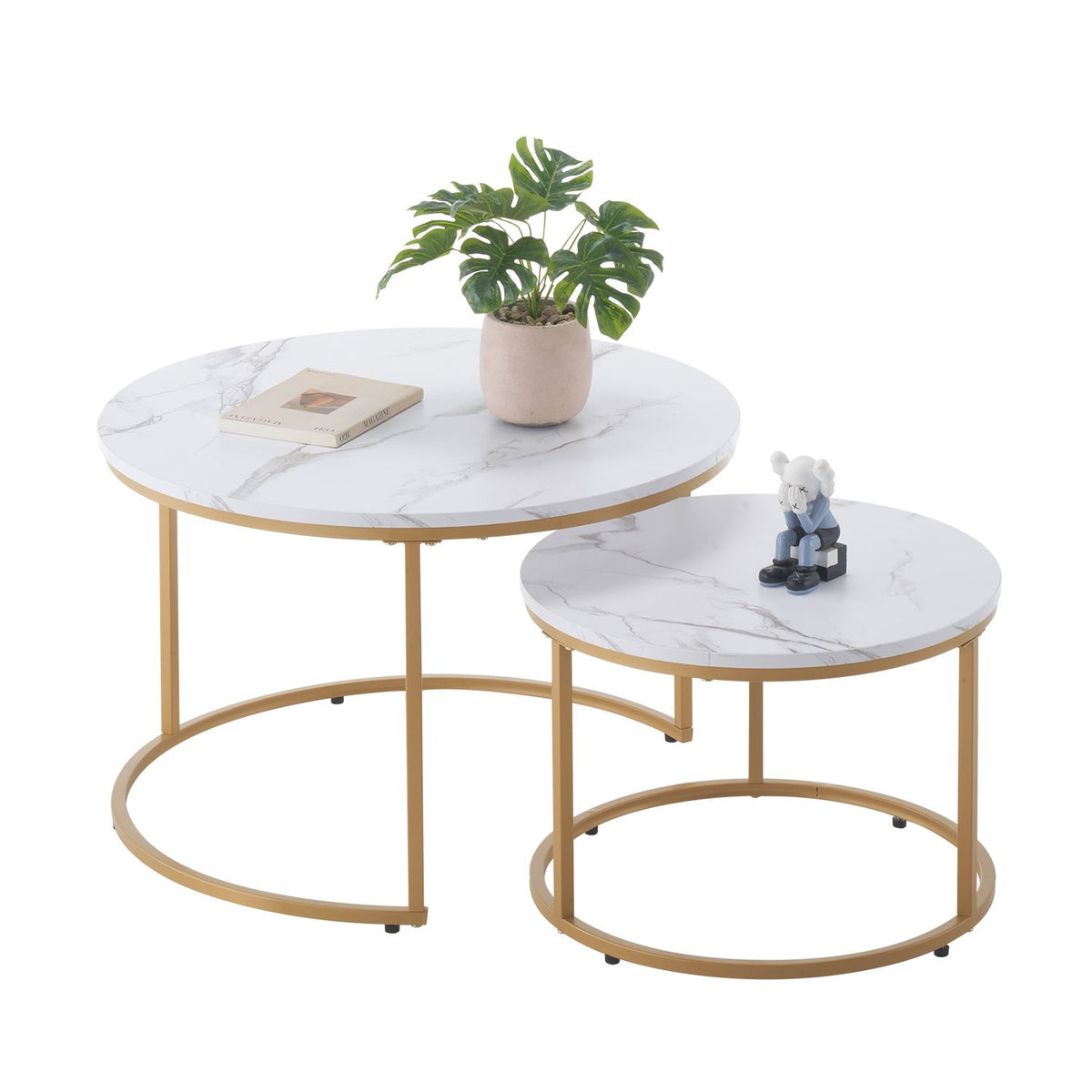 Nesting Coffee Table Set of 2, 700 mm Round Coffee Table, Nesting Tables for Small Place, Vintage End Side Tables Night Stand with Metal Frame, for Living Room, Bedroom, Office (White & Gold)