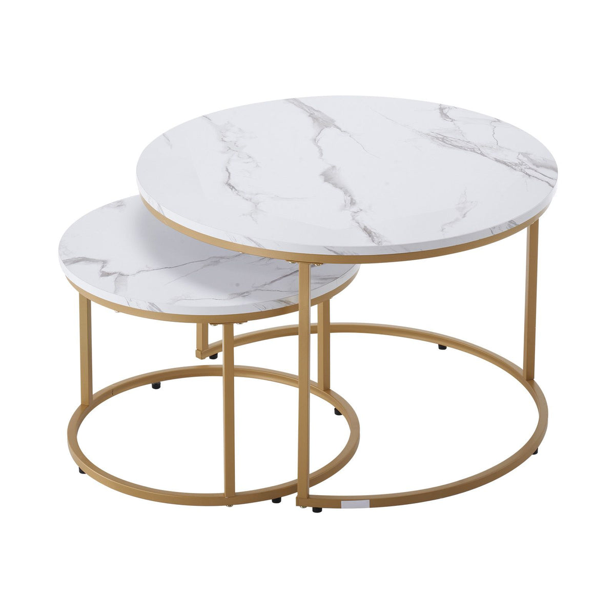 Nesting Coffee Table Set of 2, 700 mm Round Coffee Table, Nesting Tables for Small Place, Vintage End Side Tables Night Stand with Metal Frame, for Living Room, Bedroom, Office (White & Gold)