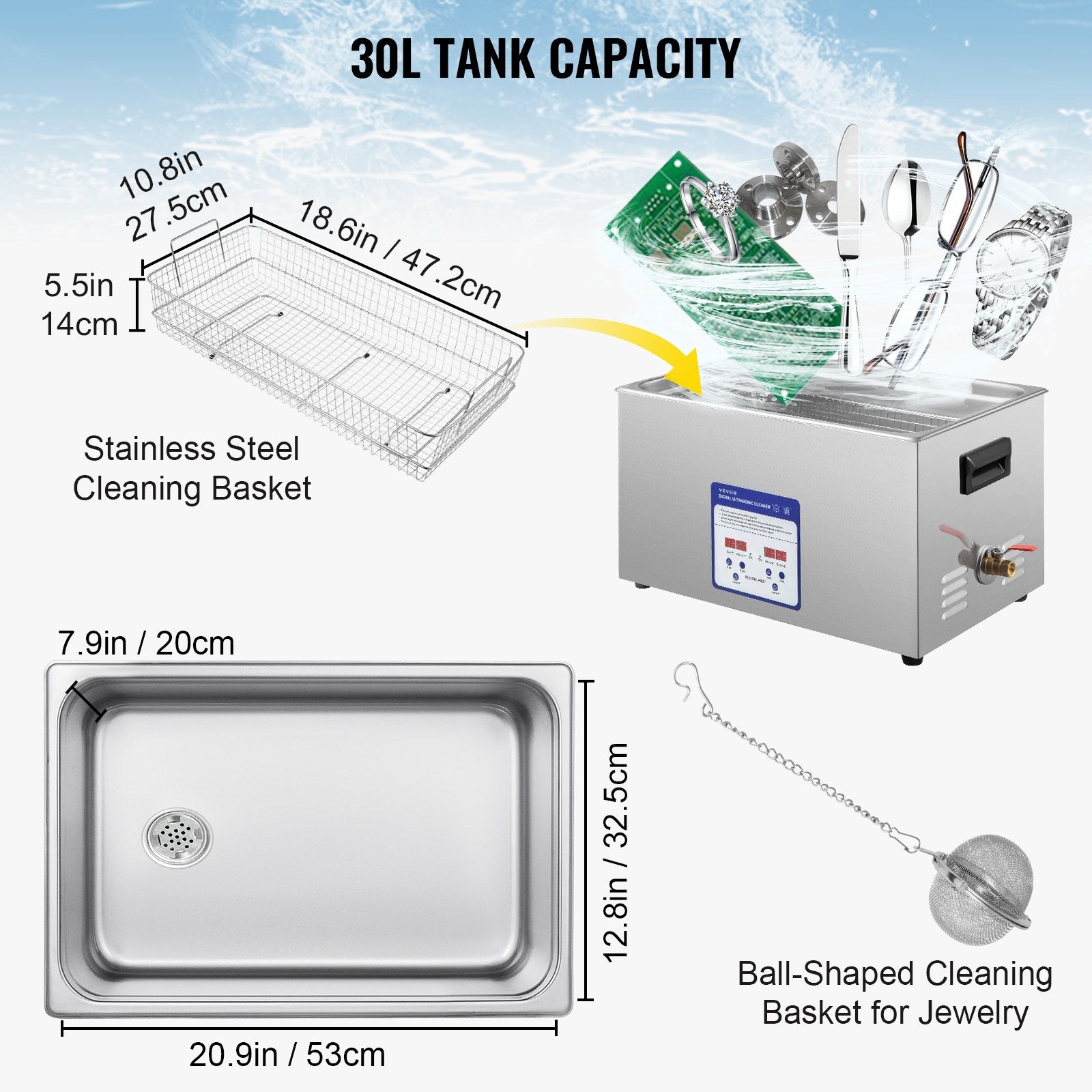 Digital Ultrasonic Cleaner 30L Ultrasonic Cleaning Machine 40kHz Sonic Cleaner Machine 316 & 304 Stainless Steel Ultrasonic Cleaner Machine with Heater & Timer for Cleaning Jewelry Glasses Watch