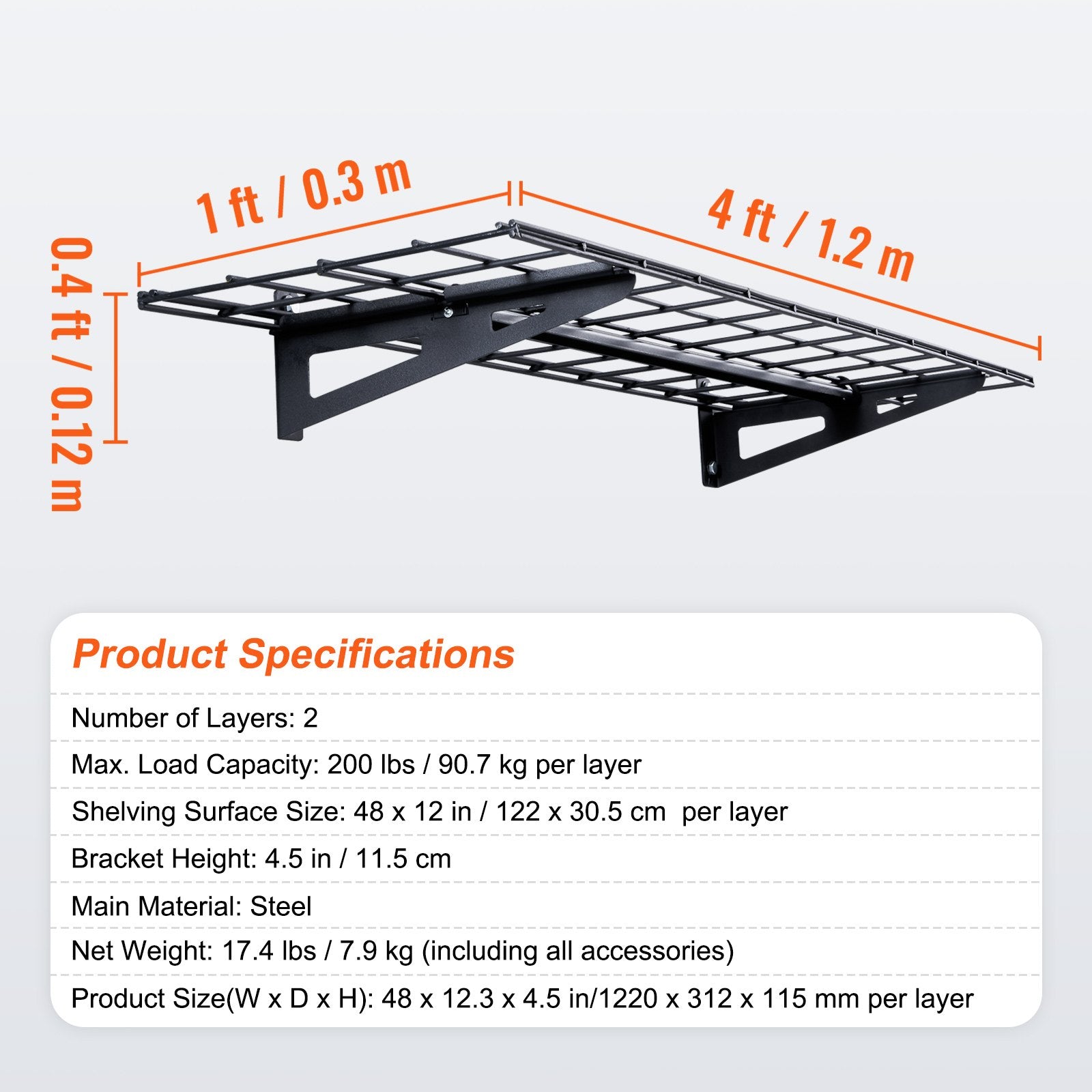 Wall Storage Racks: VEVOR Garage Storage Shelving, 2 Pack, 48 x 12 in Heavy Duty Garage Shelves Wall Mounted, 400 lbs Load Capacity(Total) Garage Storage Rack Floating Shelves, Suitable for Shop, Shed, Garage Storage
