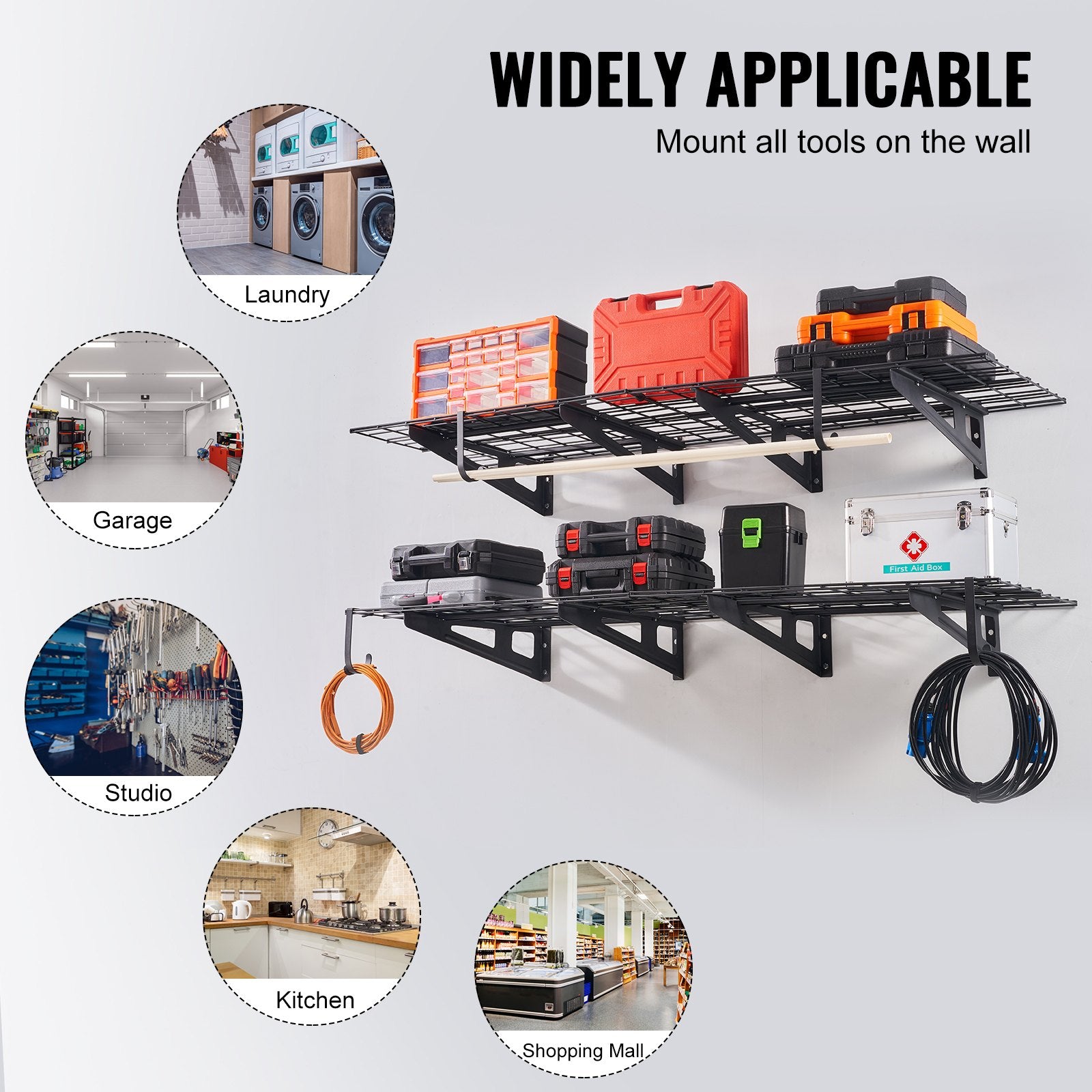Wall Storage Racks: VEVOR Garage Storage Shelving, 2 Pack, 183 x 61 cm Heavy Duty Garage Shelves Wall Mounted, 454 kg Load Capacity(Total) Garage Storage Rack Floating Shelves, Suitable for Shop, Shed, Garage Storage