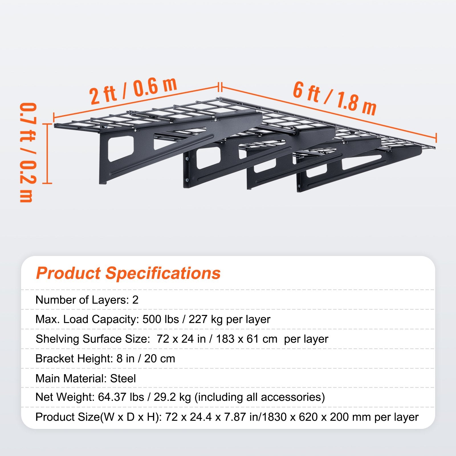 Wall Storage Racks: VEVOR Garage Storage Shelving, 2 Pack, 183 x 61 cm Heavy Duty Garage Shelves Wall Mounted, 454 kg Load Capacity(Total) Garage Storage Rack Floating Shelves, Suitable for Shop, Shed, Garage Storage