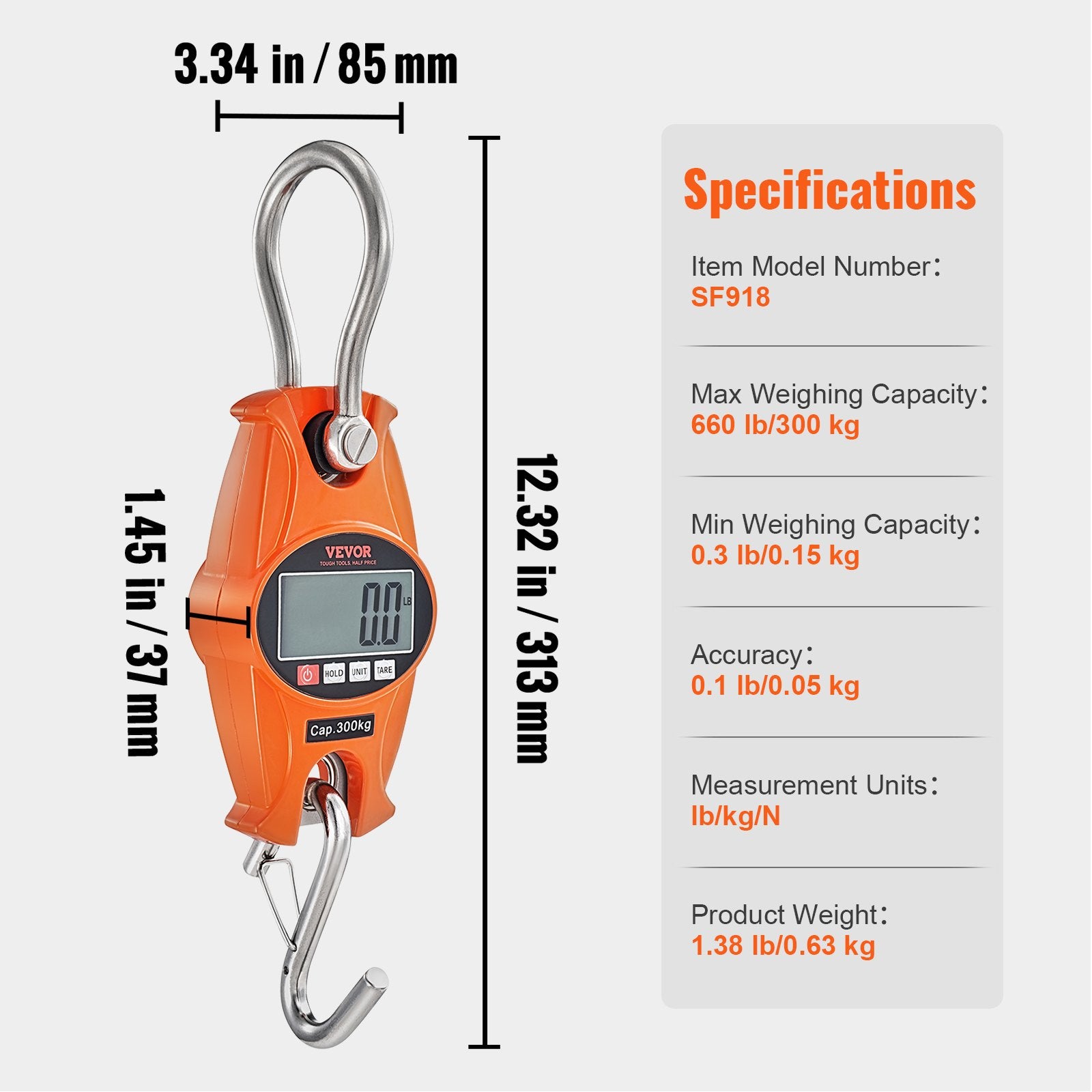 Musical Keyboards: VEVOR Digital Crane Scale, 660 lbs/300 kg, Industrial Heavy Duty Hanging Scale with Cast Aluminum Case & LCD Screen, Handheld Mini Crane with Hooks for Farm, Hunting, Fishing, Outdoor, Garage (Orange)
