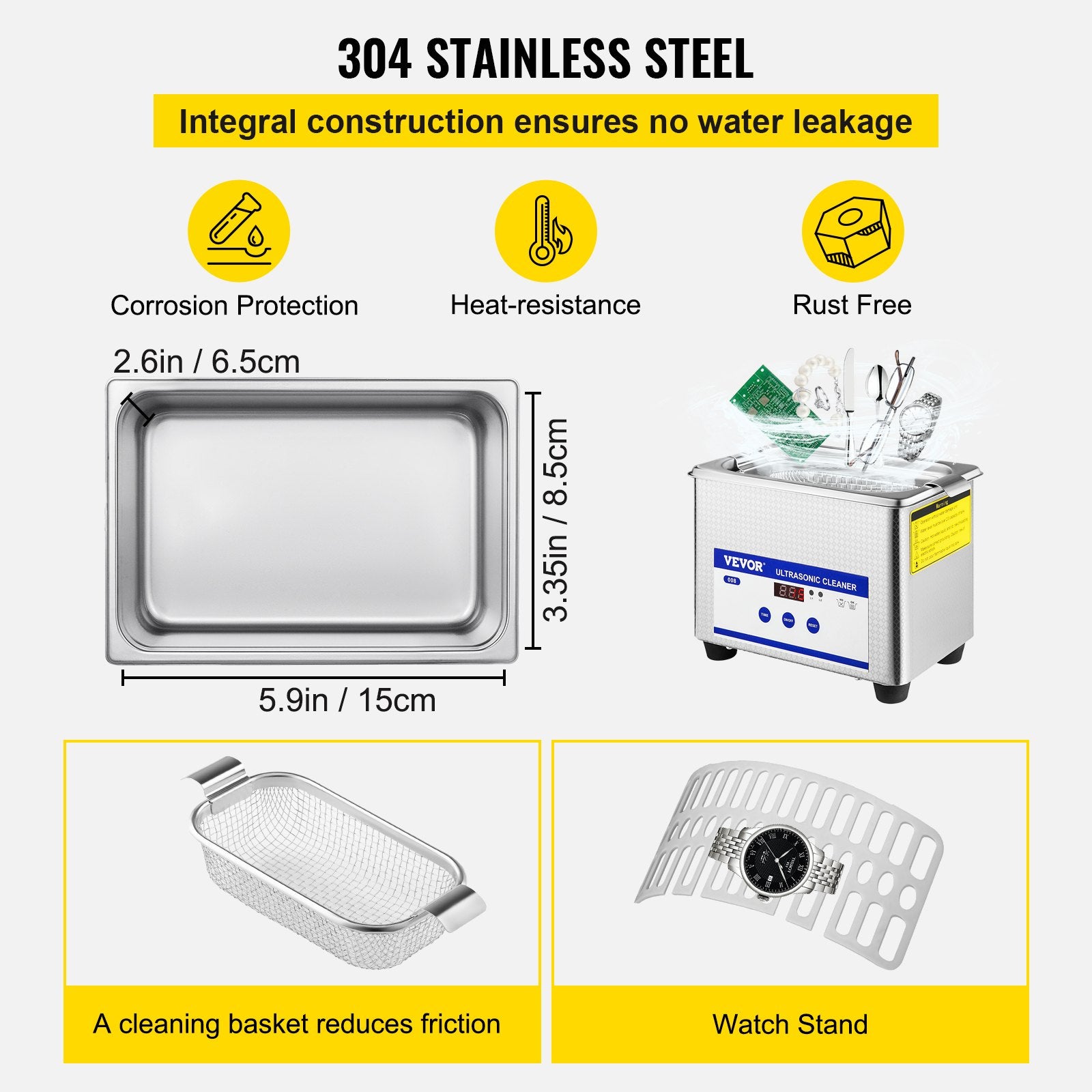 Jewellery Cleaners: VEVOR 0.8L Professional Ultrasonic Cleaner 304 Stainless Steel Digital Lab Ultrasonic Cleaner with Timer for Jewelry Watch Glasses Circuit Board Dentures Small Parts Dental Instrument (0.8L)