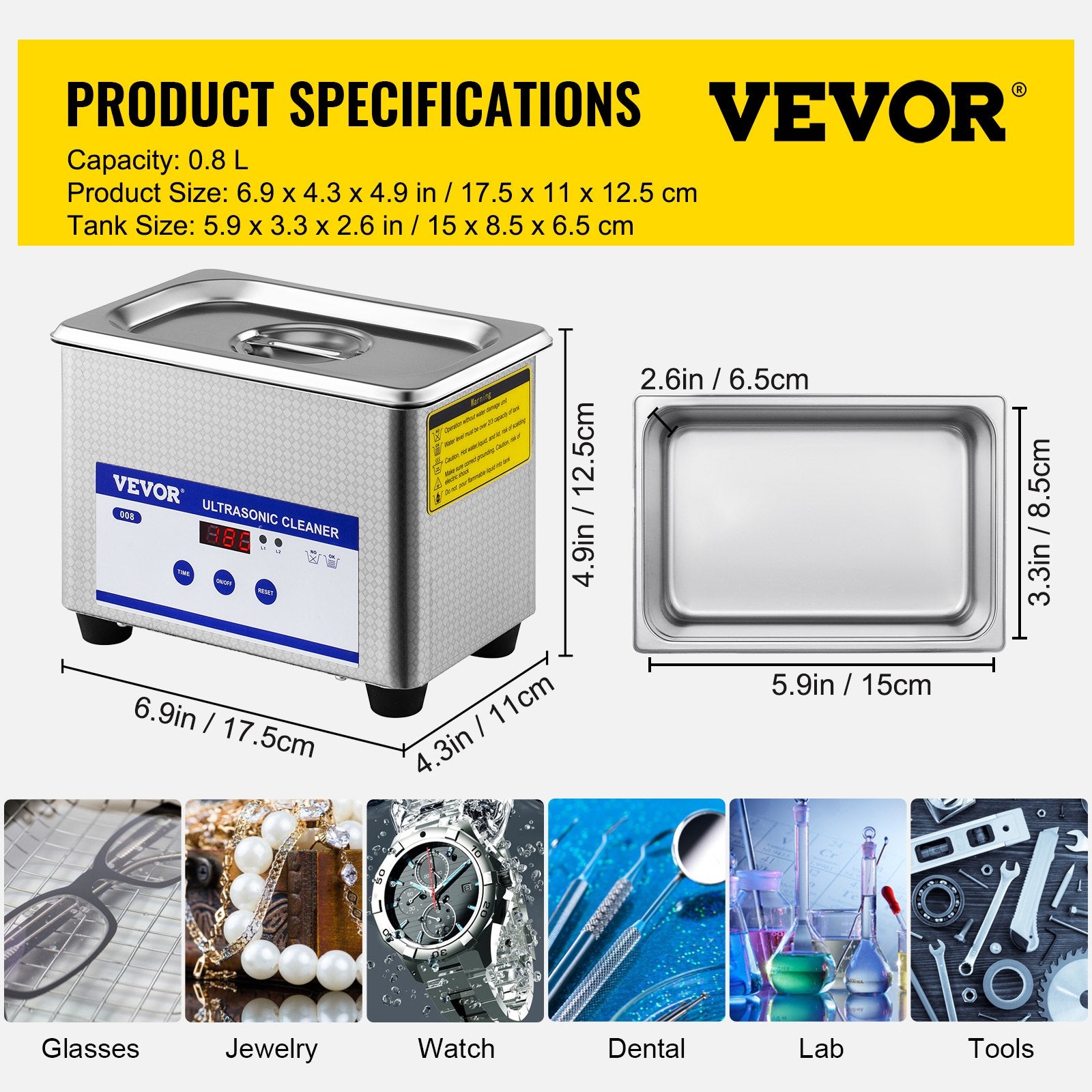 Jewellery Cleaners: VEVOR 0.8L Professional Ultrasonic Cleaner 304 Stainless Steel Digital Lab Ultrasonic Cleaner with Timer for Jewelry Watch Glasses Circuit Board Dentures Small Parts Dental Instrument (0.8L)