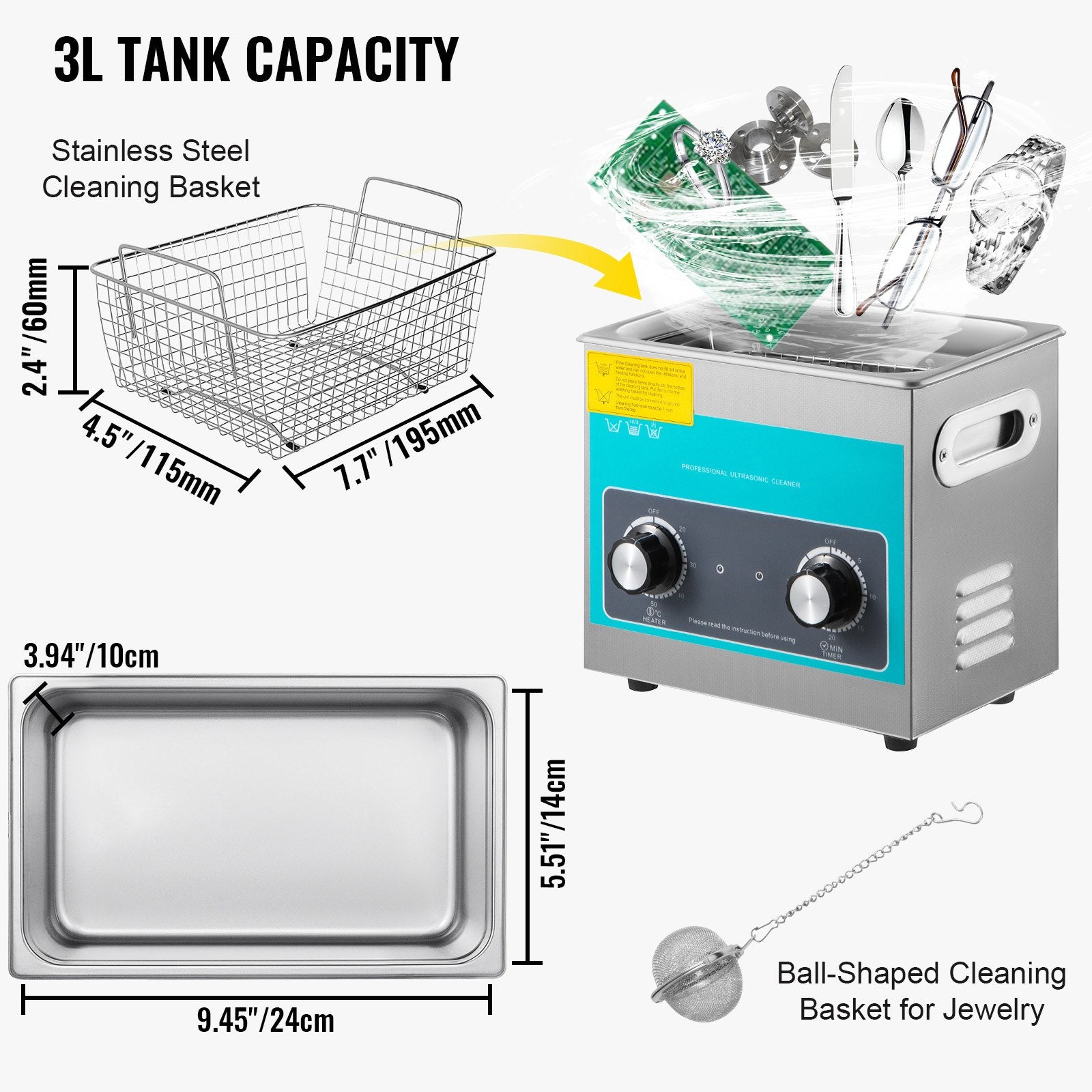 Knob Ultrasonic Cleaner 3L 40kHz Ultrasonic Cleaning Machine Knob Control Sonic Cleaner 304 Stainless Steel Ultrasonic Cleaner Machine with Heater & Timer for Cleaning Jewelry Eyeglasses Watches