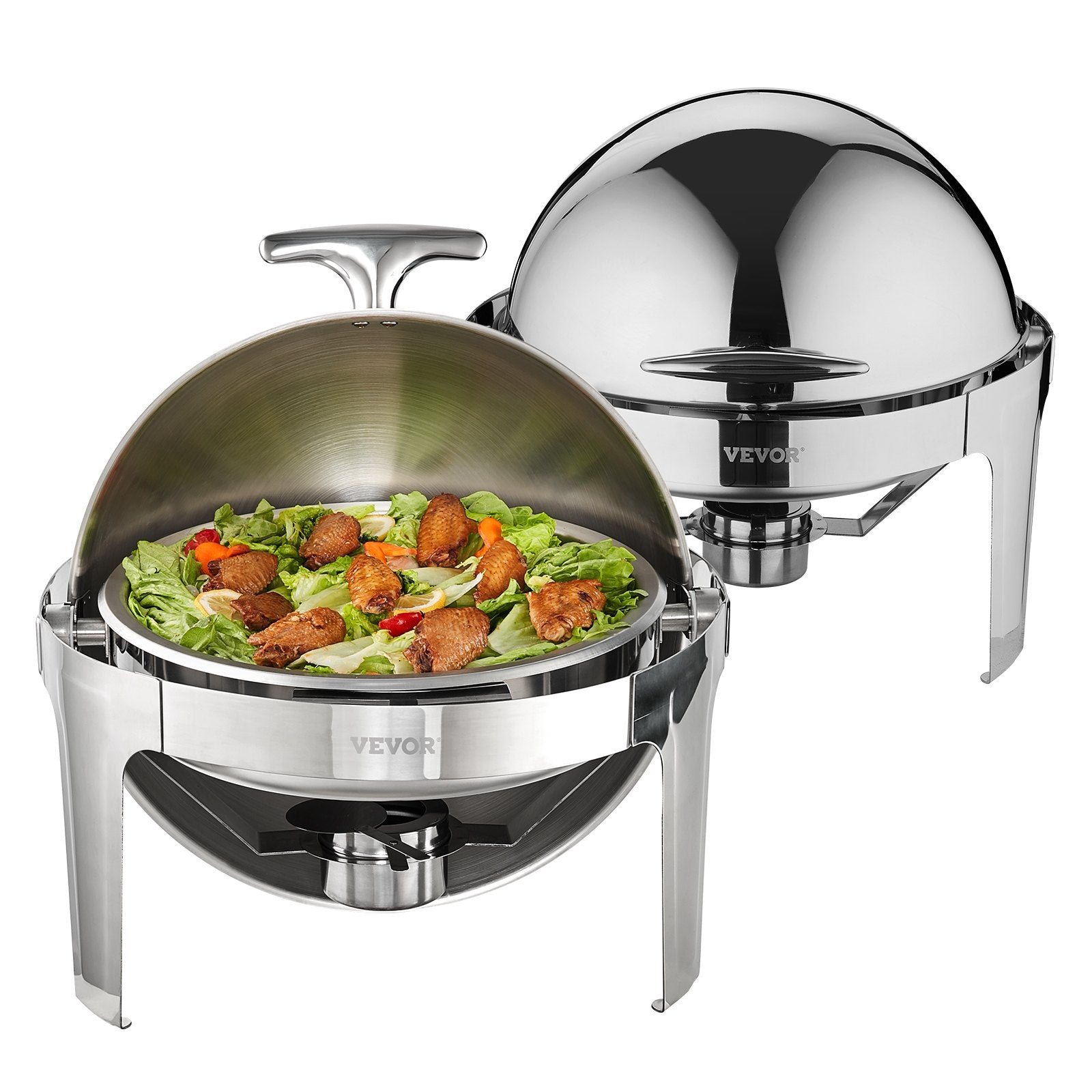 Food Storage: VEVOR Roll Top Chafing Dish Buffet Set, 5.5L 2 Pack, Stainless Steel Chafer with 2 Full Size Pans, Round Catering Warmer Server with Lid Water Pan Stand Fuel Holder, for at Least 5 People Each