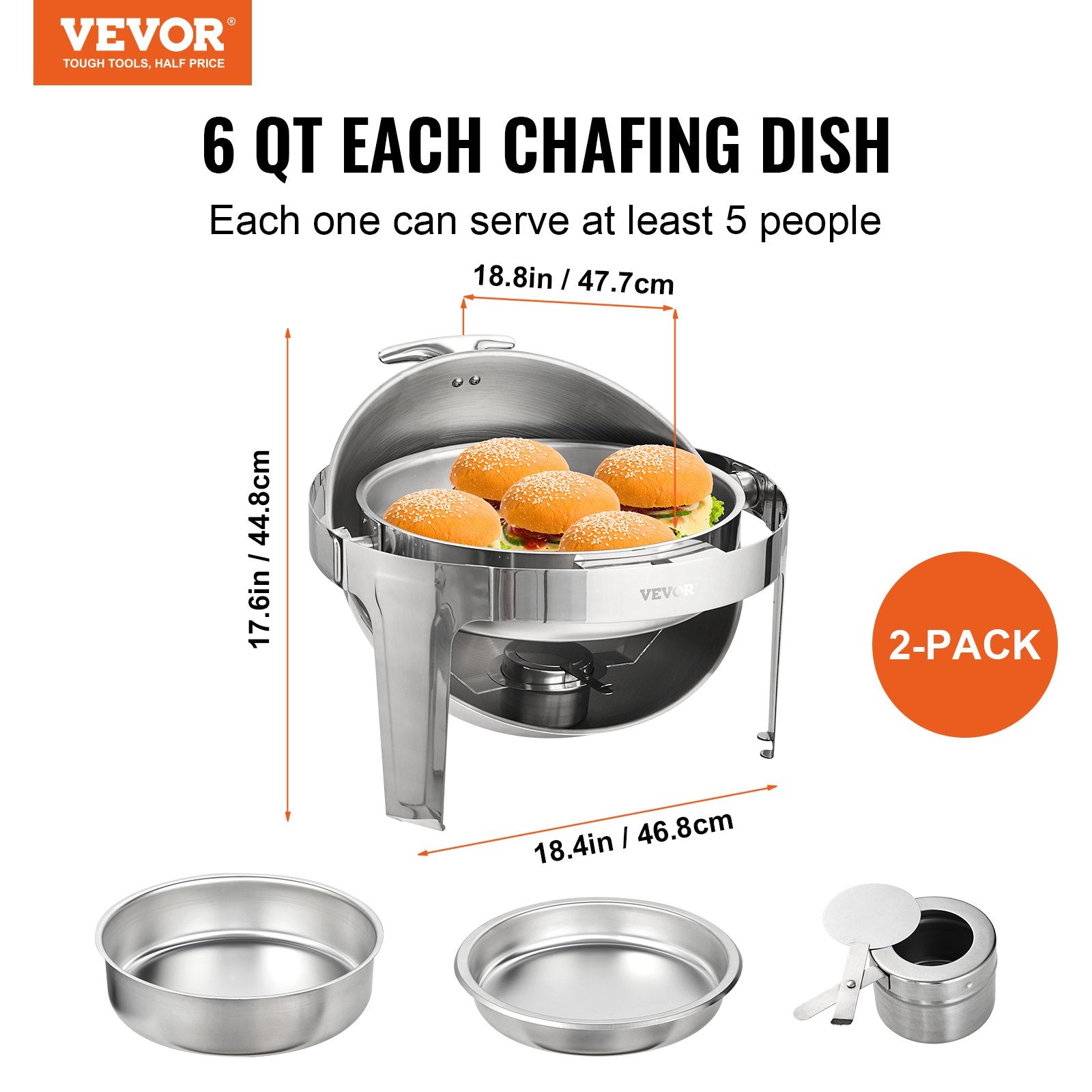 Food Storage: VEVOR Roll Top Chafing Dish Buffet Set, 5.5L 2 Pack, Stainless Steel Chafer with 2 Full Size Pans, Round Catering Warmer Server with Lid Water Pan Stand Fuel Holder, for at Least 5 People Each