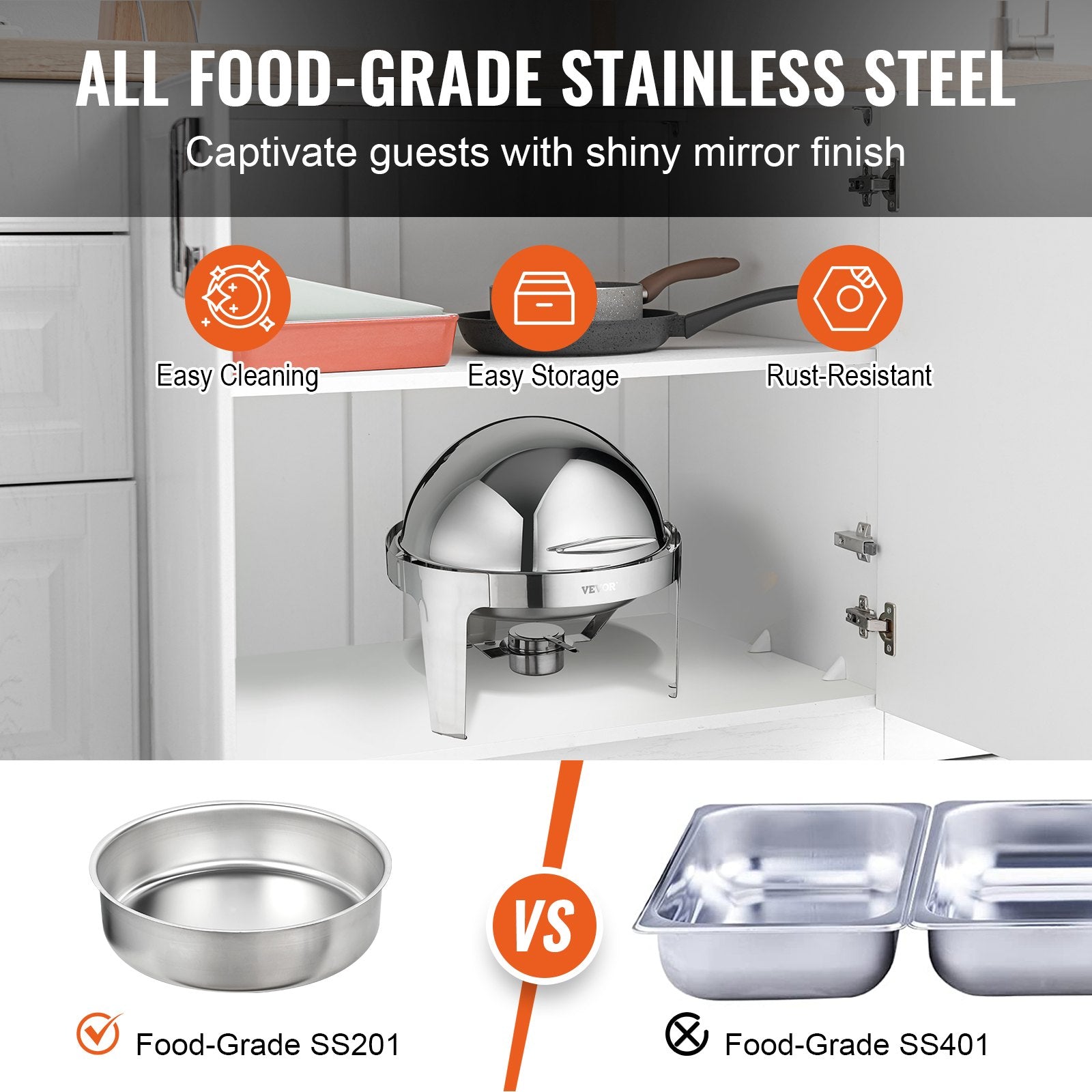 Food Storage: VEVOR Roll Top Chafing Dish Buffet Set, 5.5L 2 Pack, Stainless Steel Chafer with 2 Full Size Pans, Round Catering Warmer Server with Lid Water Pan Stand Fuel Holder, for at Least 5 People Each