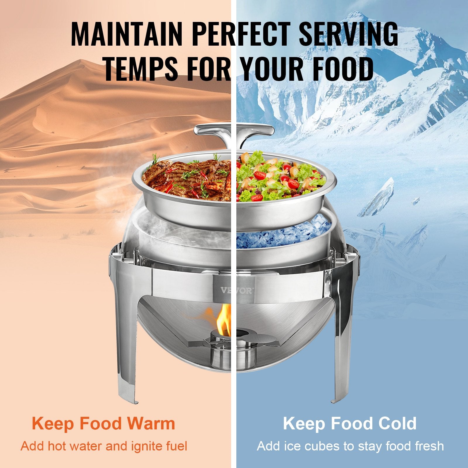 Food Storage: VEVOR Roll Top Chafing Dish Buffet Set, 5.5L 2 Pack, Stainless Steel Chafer with 2 Full Size Pans, Round Catering Warmer Server with Lid Water Pan Stand Fuel Holder, for at Least 5 People Each